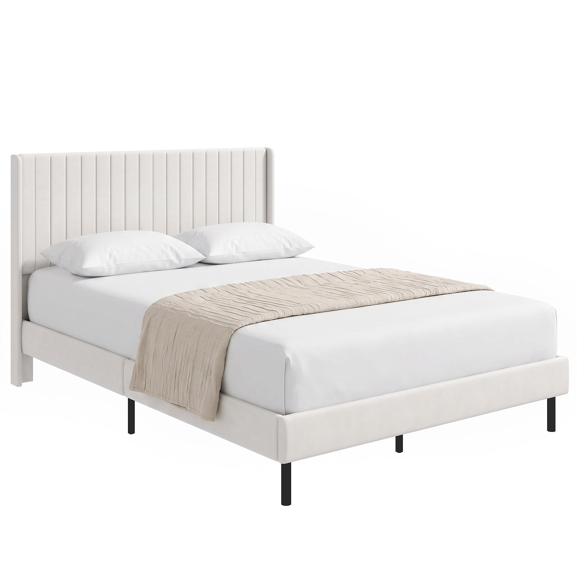 Bettgestell 140 x 200 cm mit verstellbarem Kopfteil, Polsterbett mit 12 Latten, Beige