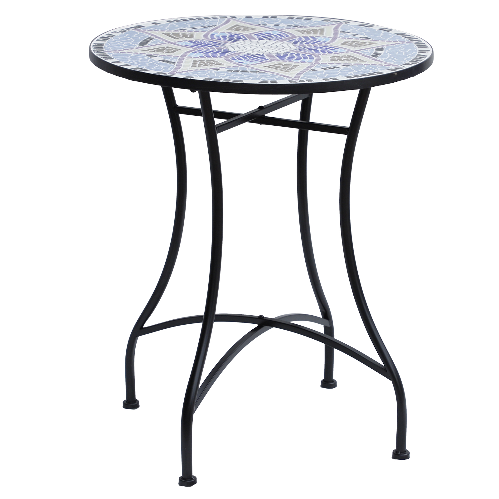 Gartentisch Ø60 x H71cm, Wetterfest Balkontisch aus Metall, Esstisch Outdoor, Campingtisch Beistelltisch, rund Terrassentisch für Garten Terrasse Balkon Blau+Weiß