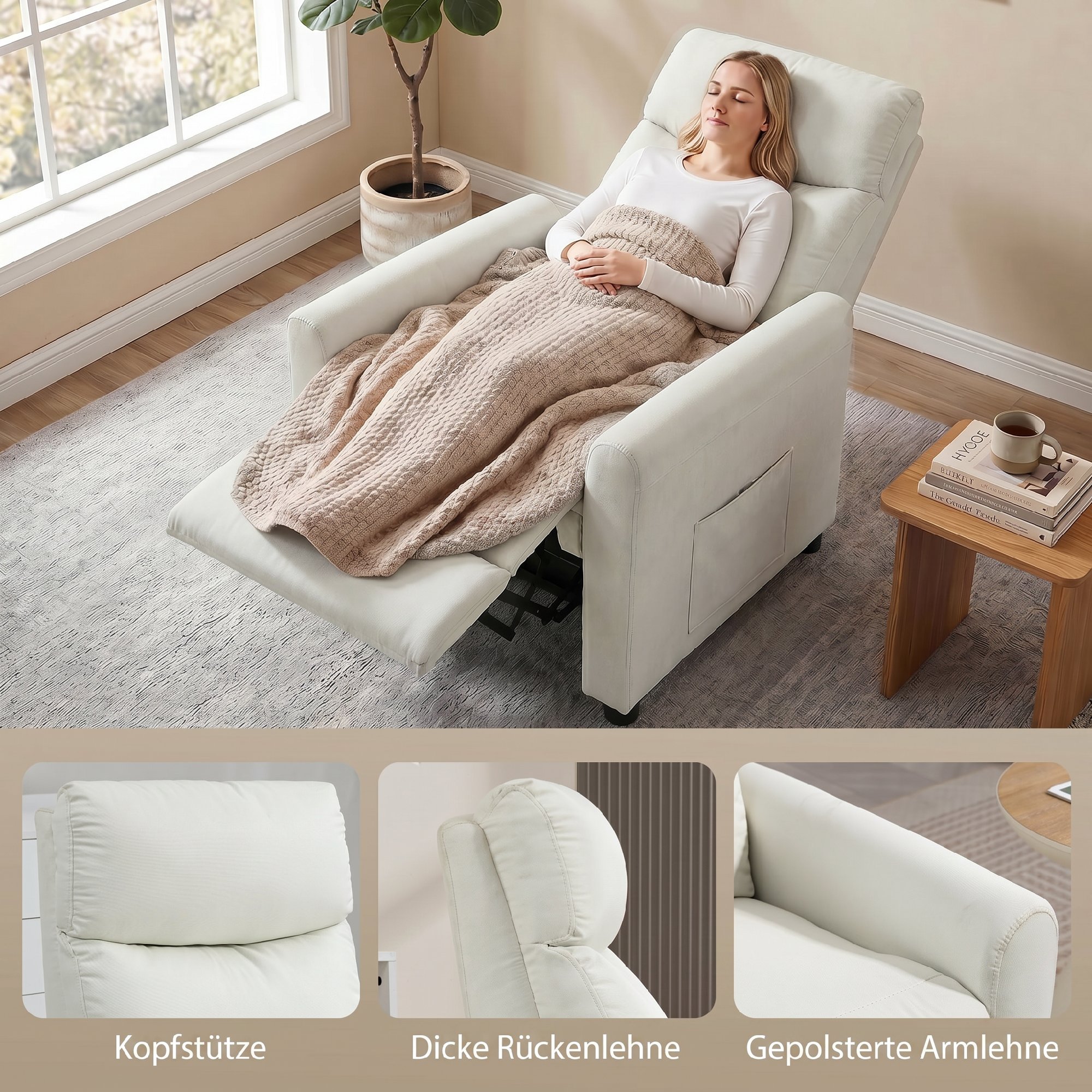 Relaxsessel Fernsehessel mit Liegefunktion, TV Sessel mit Taschenfedern, Fußstütze, Stoff in Leinenoptik, Cremeweiß