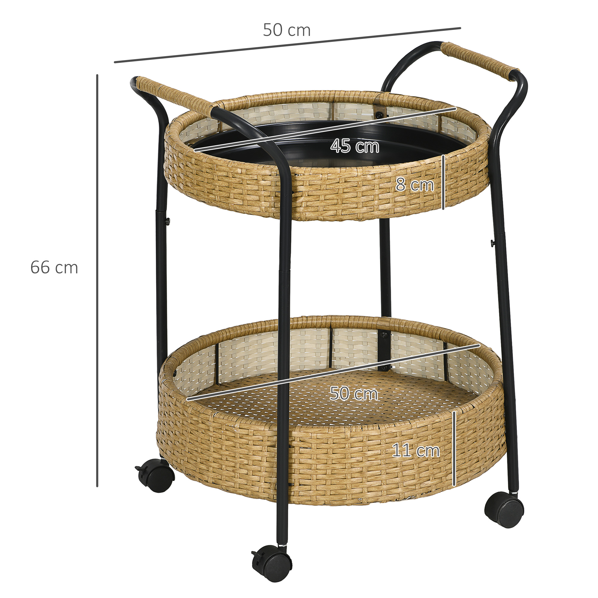 Outdoor Servierwagen, 2 Etagen, Bremsen, Polyrattan, Metallrahmen, ?50 x 66H cm, Gelb