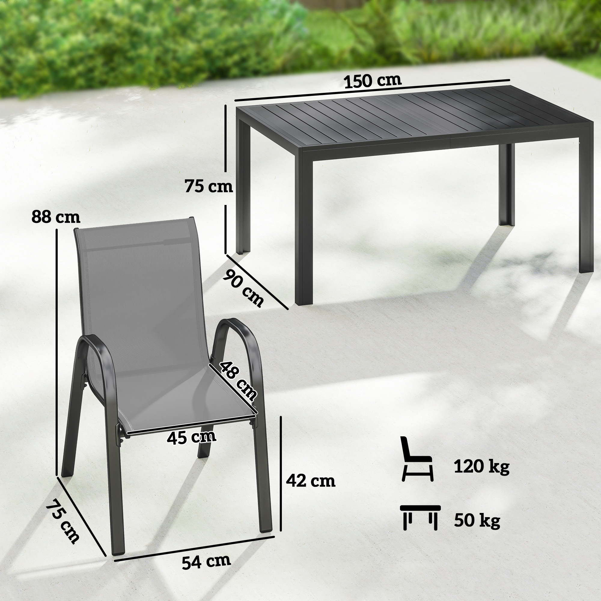 Gartenmöbel Set Sitzgruppe 7-teilig Tisch mit 6 Atmungsaktiven Stapelstühlen Lamelldesign Hellgrau