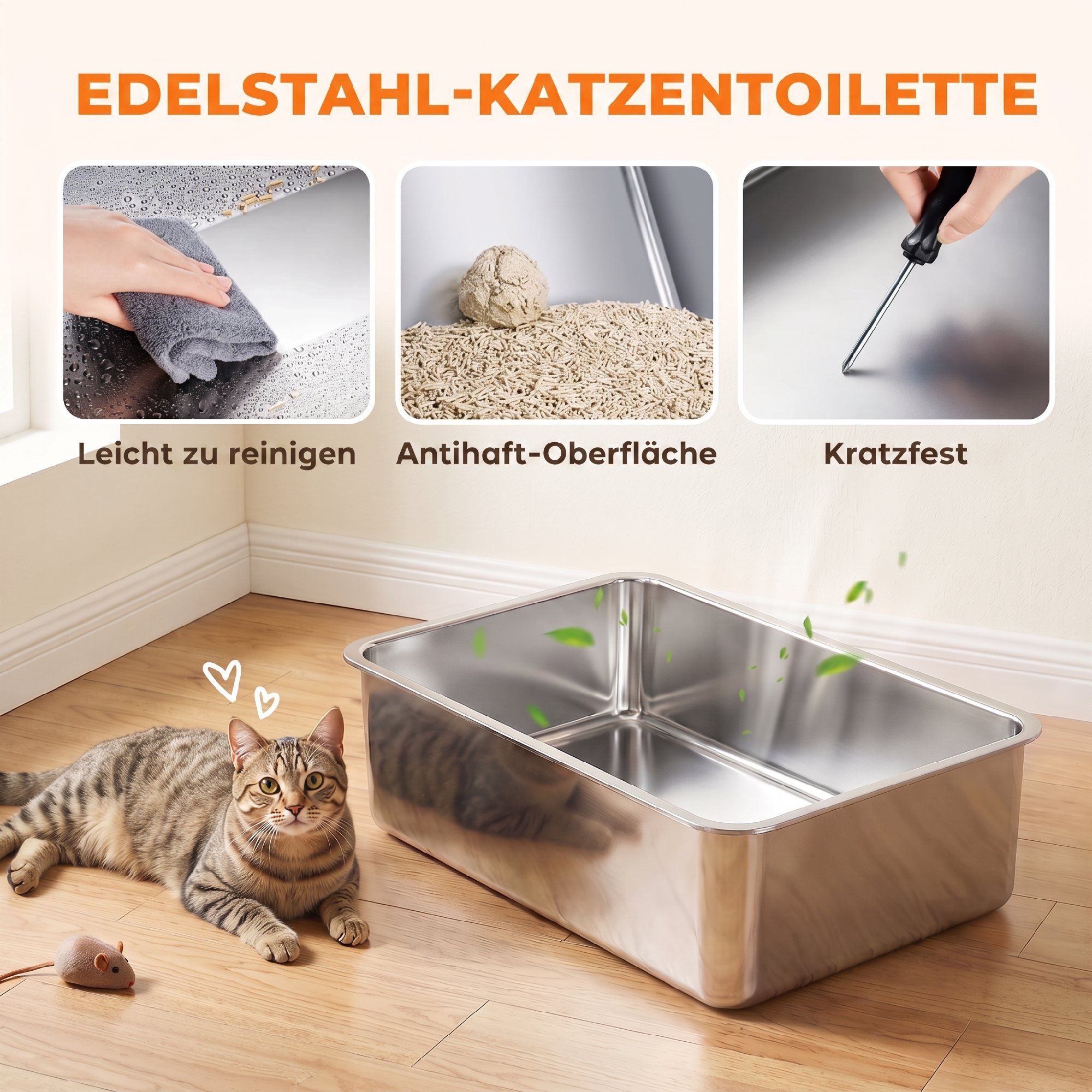 2er-Set Katzenklo Edelstahl XL mit Hohem Rand Deckel 60x40x30cm Halboffene mit 2 Schaufeln, für Große Katzen bis 8 kg