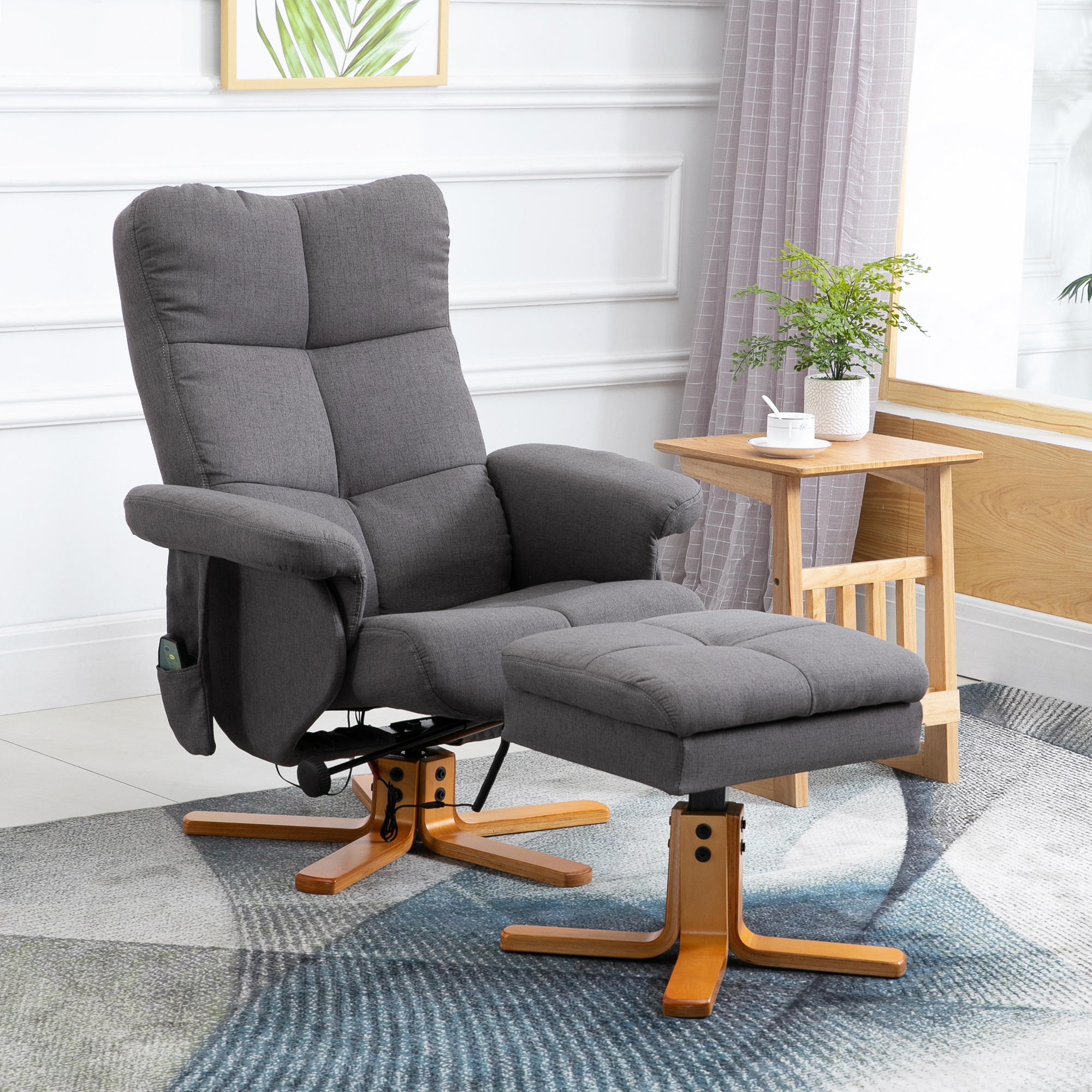 Relaxsessel mit Fußhocker, Stauraum, Elektrischer Massagesessel mit Liegefunktion, Drehbarer Fernsehsessel mit Seitentasche, Fernbedienung, Holzrahmen, Polyester, Dunkelgrau