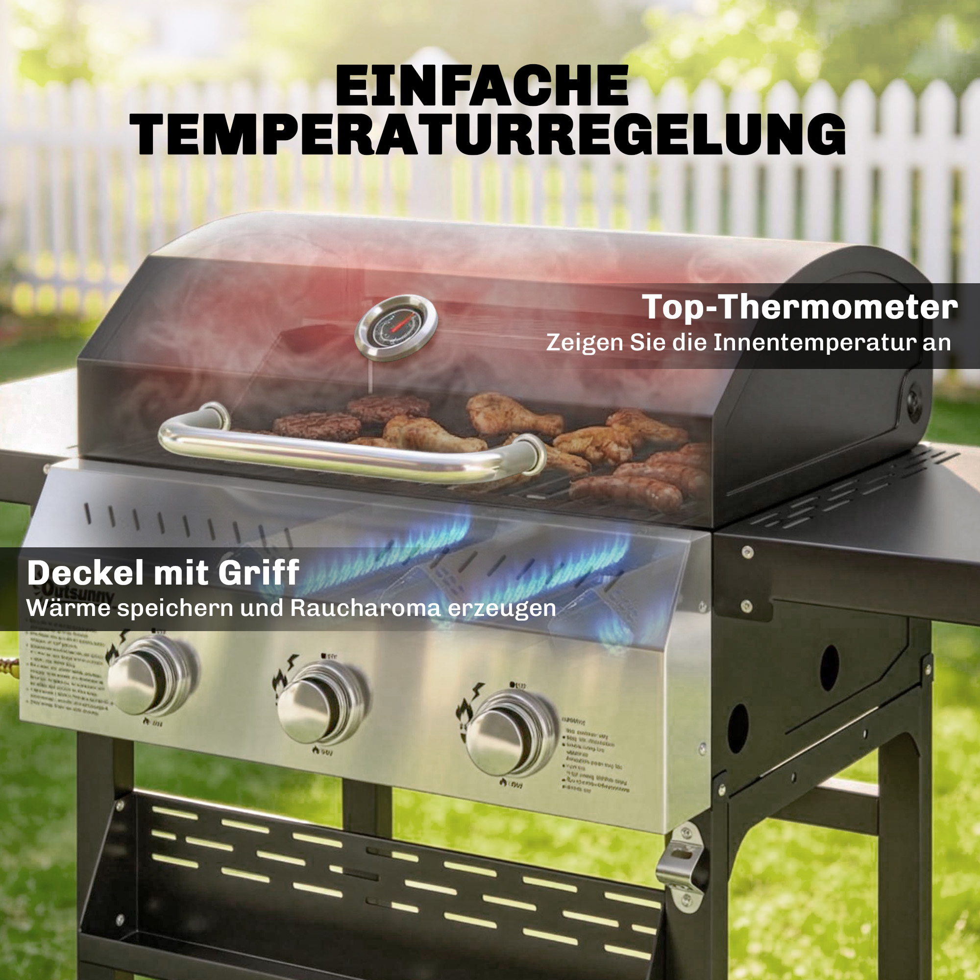 Gasgrill 9 KW 3 Brenner BBQ Grillwagen Edelstahl inkl klappbar Seitentisch Gewürzhalter Unterregal 6 Haken