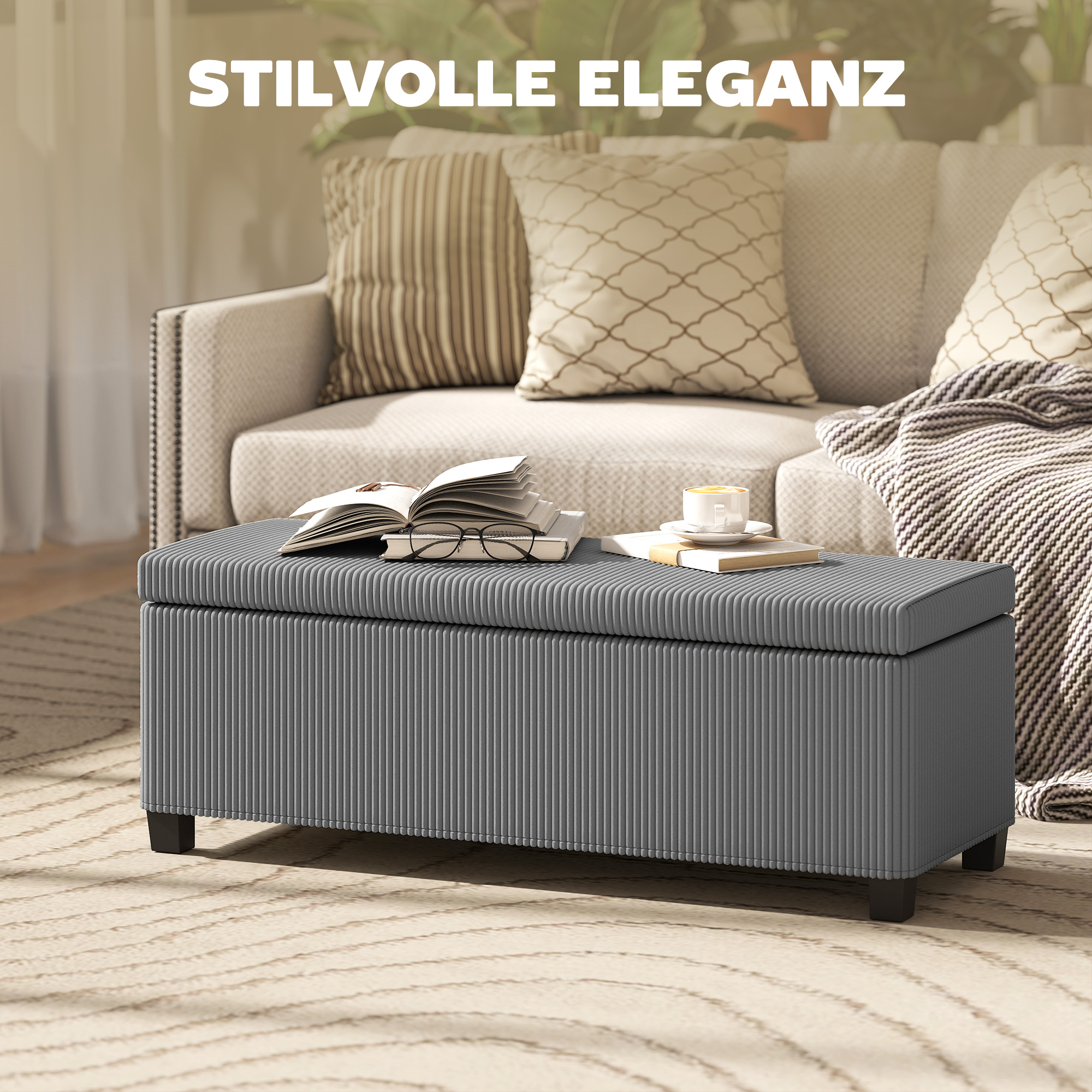 Sitzbank mit Stauraum, Polsterbank für Aufbewahrung, für Wohnzimmer, Schlafzimmer, Flur, Cordbezug, Grau