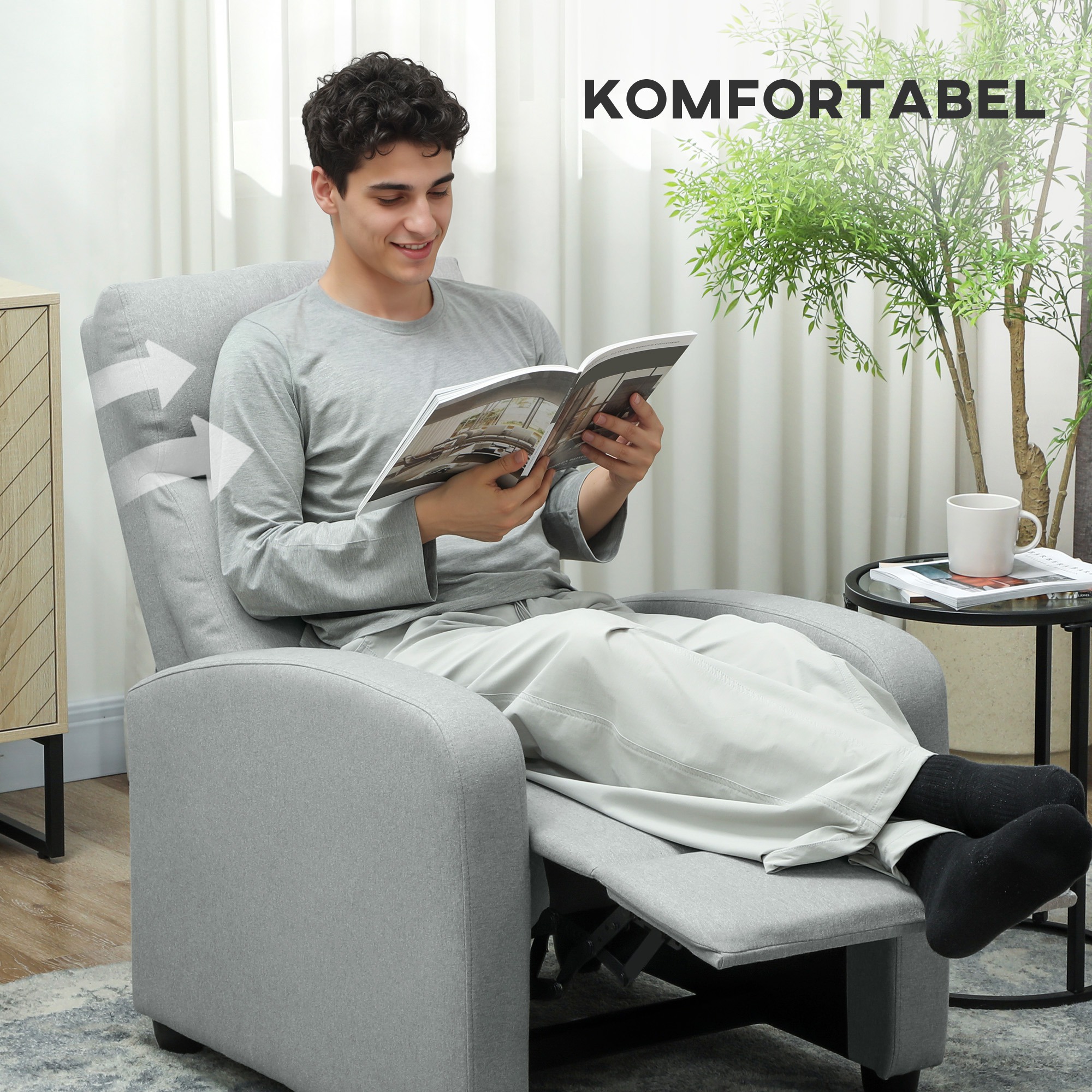Relaxsessel, verstellbar 135°, ausziehbare Fußstütze, gepolsterte Lehnen, Leinen-Polyester, Hellgrau