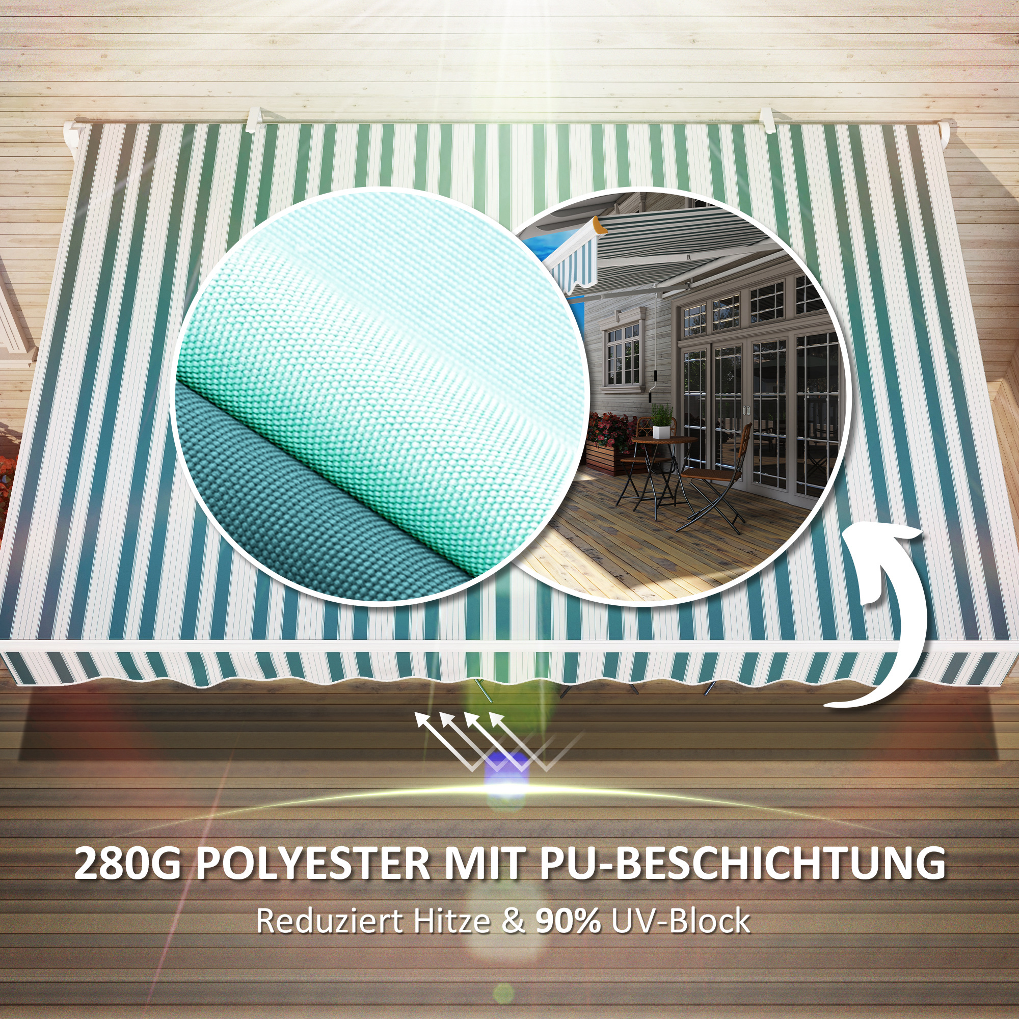 Markise, Sonnenschutz, einfahrbar, mit Handkurbel, Metallrahmen, Polyester, weiß+grün, 3,95 x 2,45 m