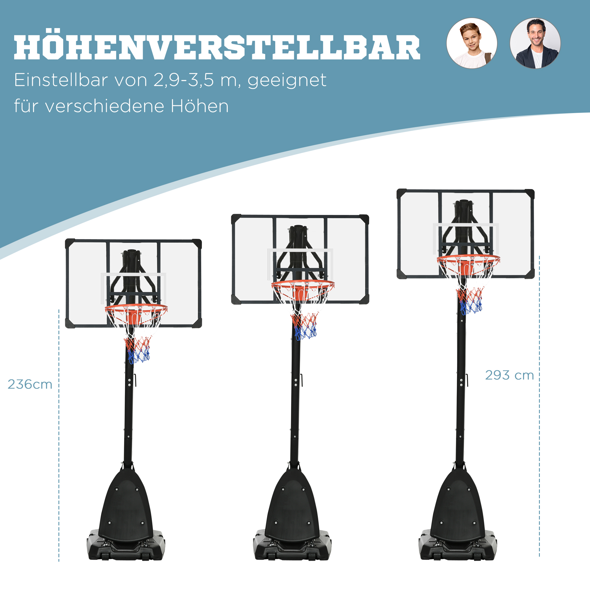 Basketballständer, verstellbare Korbhöhe 2,3-2,9 m, untere Pralllatte, befüllbare Basis, rot+schwarz