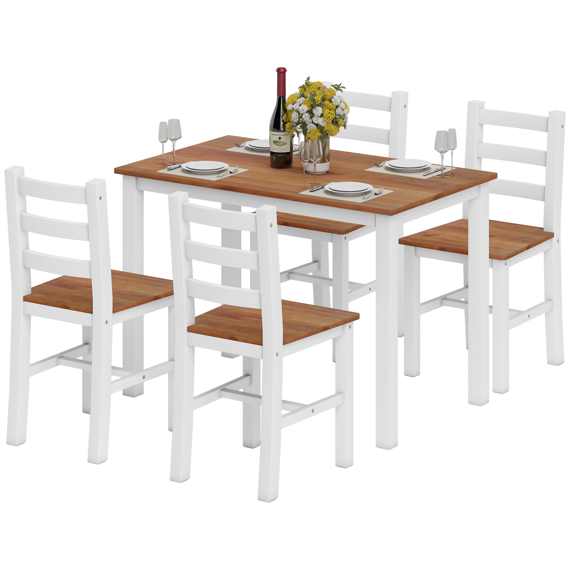 Essgruppenset, Esstisch, 4 Stühle, Esszimmerset, Kiefernholz, Braun+Weiß Essgruppenset, Esstisch, 4 Stühle, Esszimmerset, Kiefernholz, Braun+Weiß
