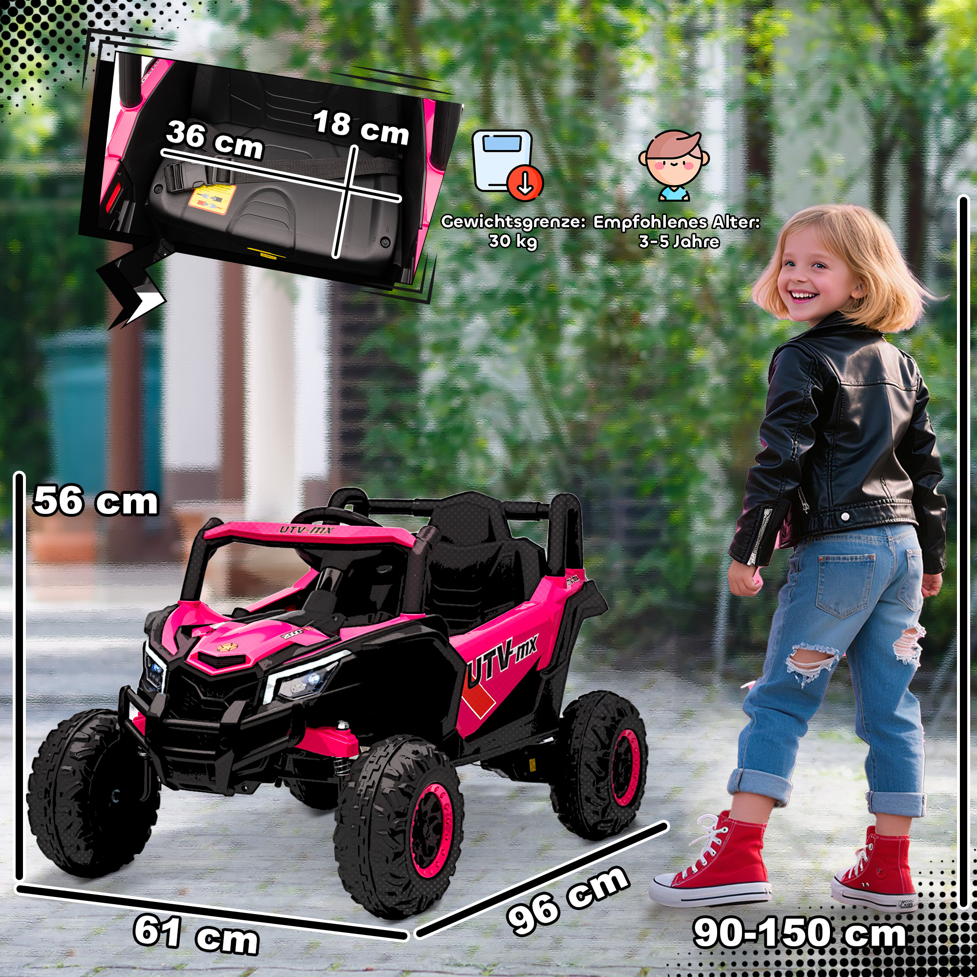 12V Elektroauto für Kinder, Fernbedienungsfunktion, Gurt, Hupe, LED-Lichter, USB-Port, für 3-5 Jahre, Rosa