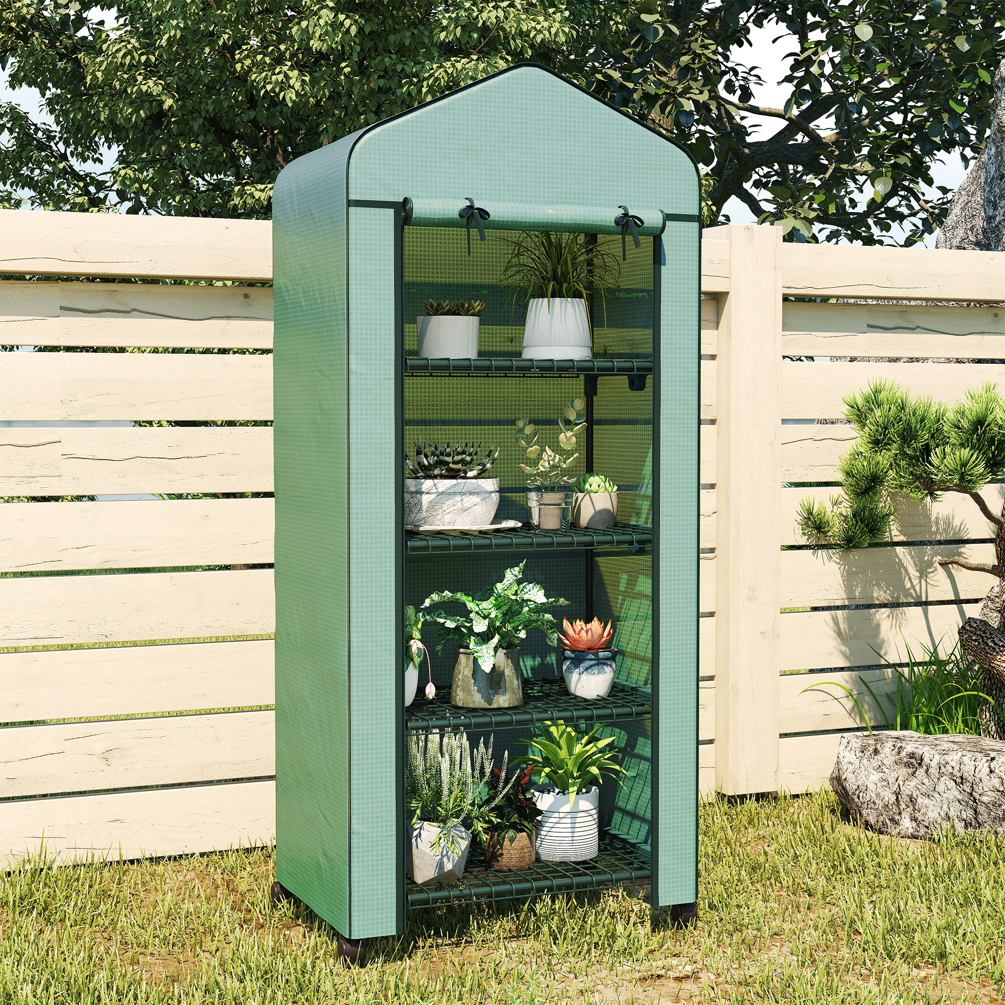 Folien-Gewächshaus, Treibhaus, Mini-Gewächshaus, Pflanzenhaus, Frühbeet, 4 Regalfächer, 69 x 50 x 165 cm, Grün