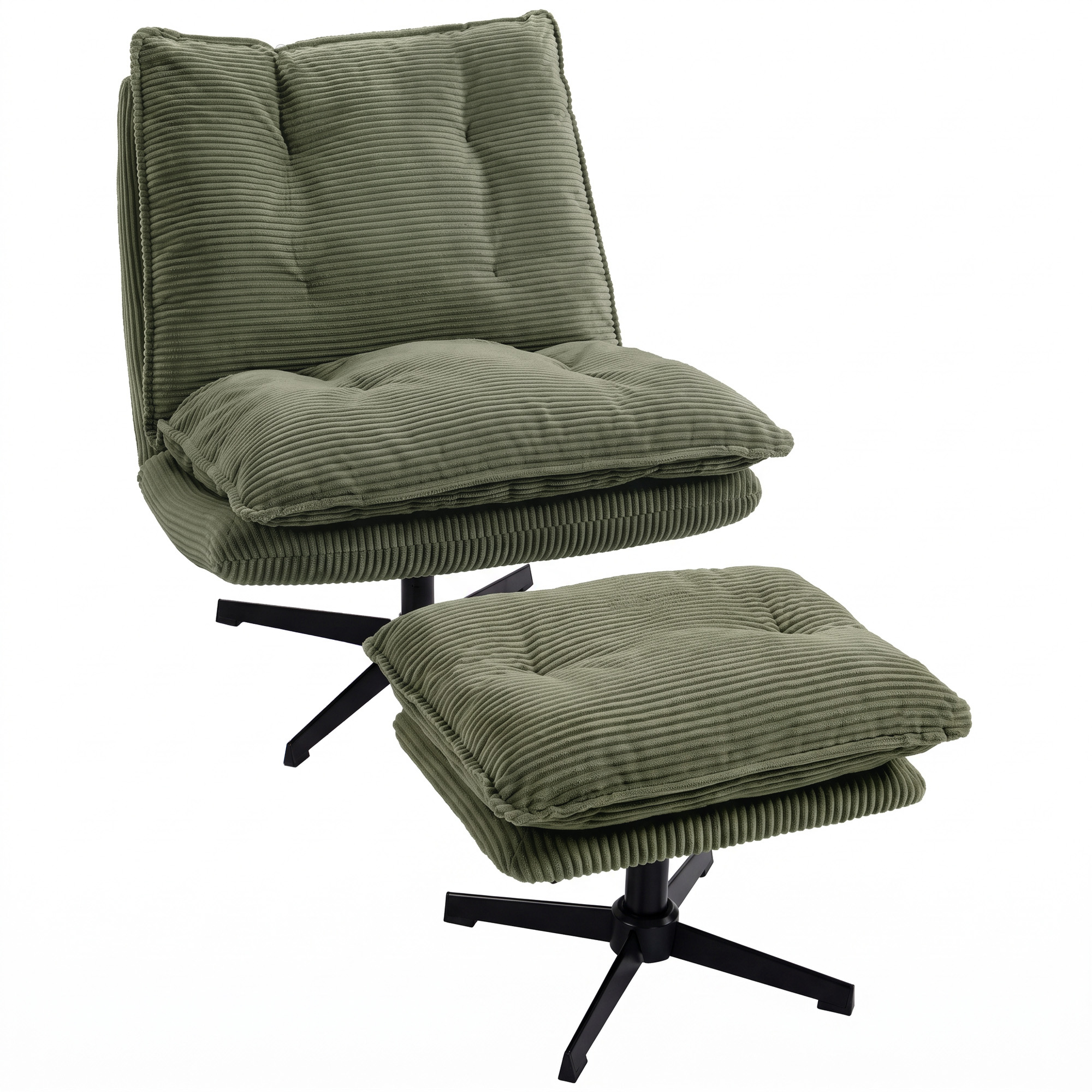 Loungesessel mit Hocker, 360° drehbar, Cordbezug, höhenverstellbare Fußstütze, Grün