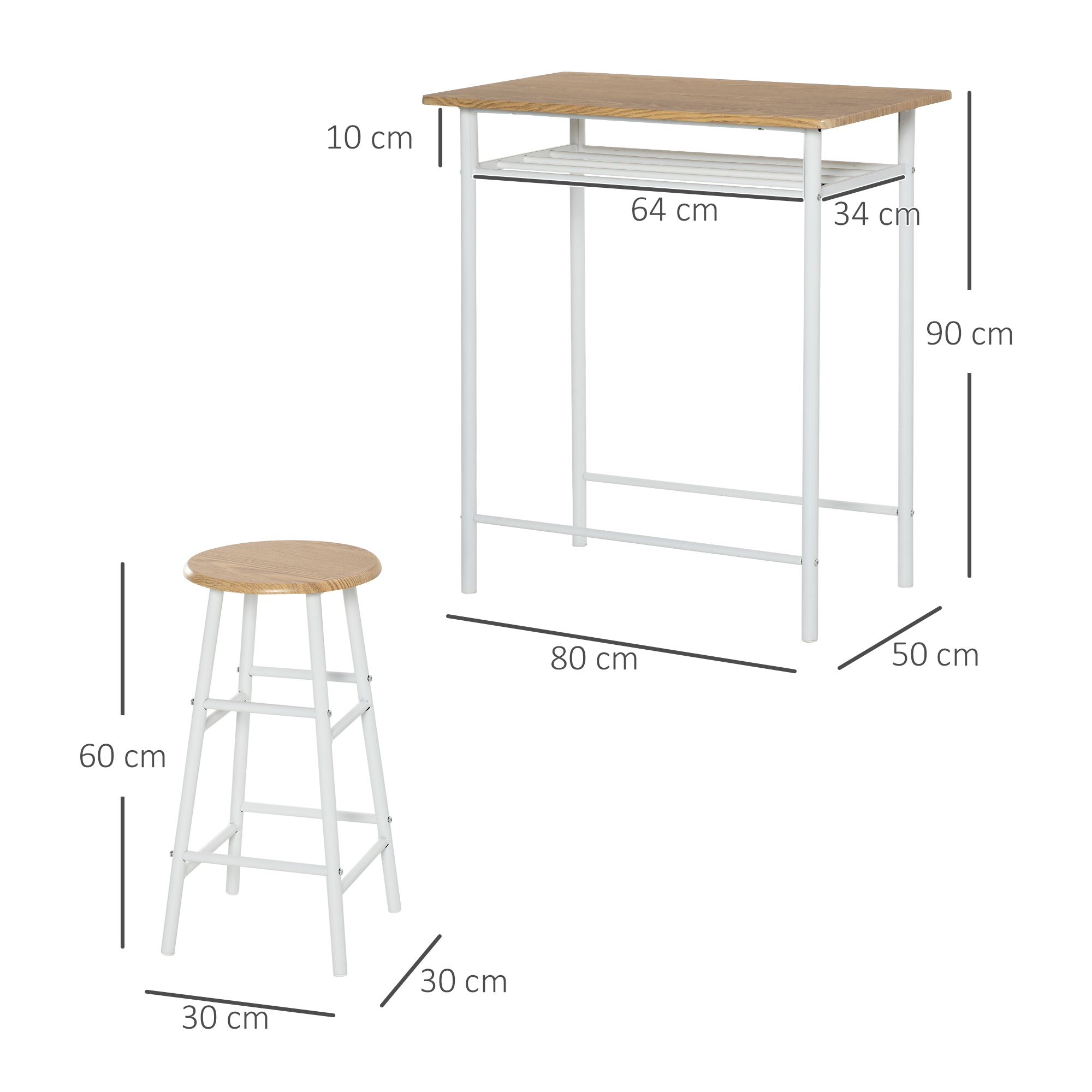 Bartisch Set Bartisch mit 2 Barhockern Essgruppe Küchentisch mit Lagerregal Esstisch für Esszimmer, Küche, Weiß