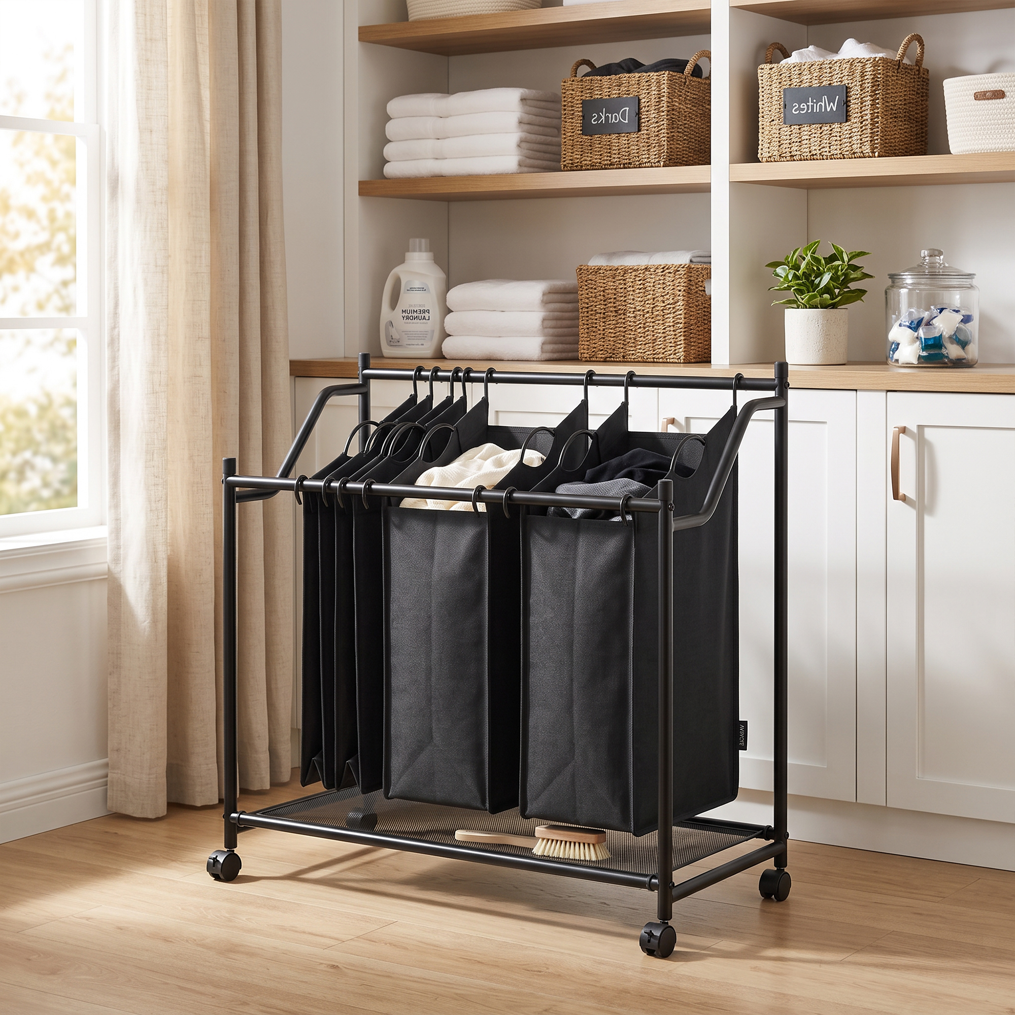 Wäschesammler mit Griff, 108 L rollbarer Wäschekorb mit 4 Fächern und Rollen, Schwarz