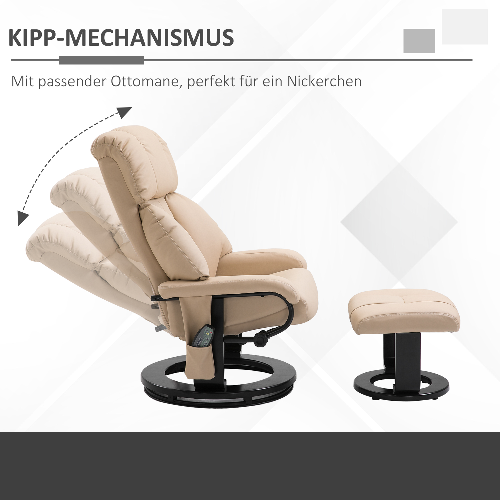 Relaxsessel mit Hocker, drehbarer Fernsehsessel mit Massagefunktion, Liegefunktion, Massagesessel mit Fernbedienung, Seitentasche, Ruhesessel aus Kunstleder für Wohnzimmer Cremeweiß