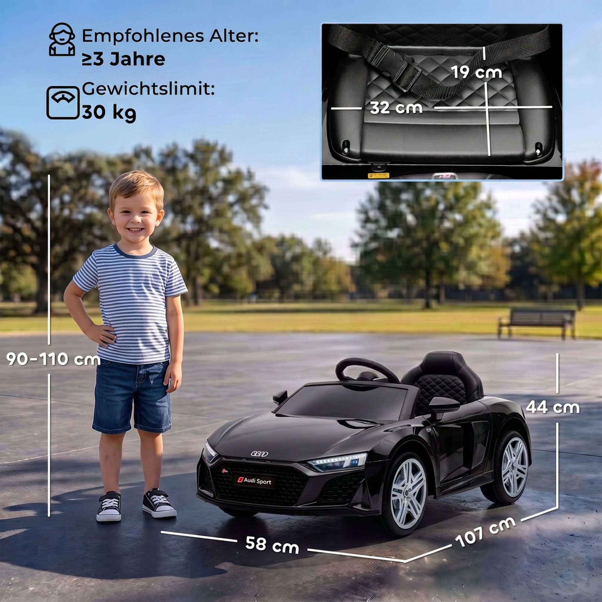 Kinder Elektroauto 12V Kinderauto mit Fernbedienung Lithium-Akku 2 Motor Sanftanlauf Hinterradfederung Schwarz