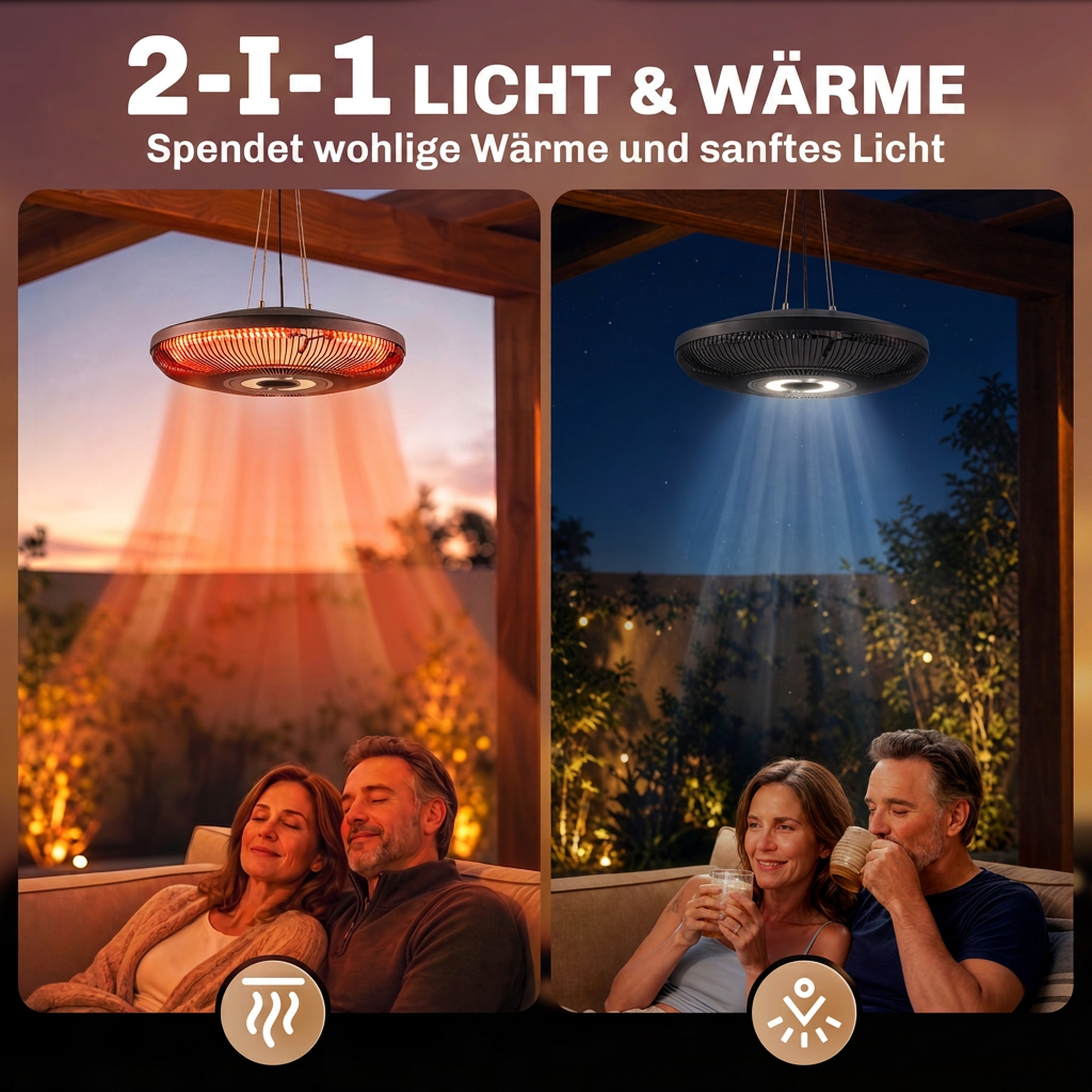 Infrarot Heizstrahler Hängend 2000W Carbonfaser Deckenheizstrahler mit LED-Beleuchtung Touch & Fernbedienung 2 Heizstufe