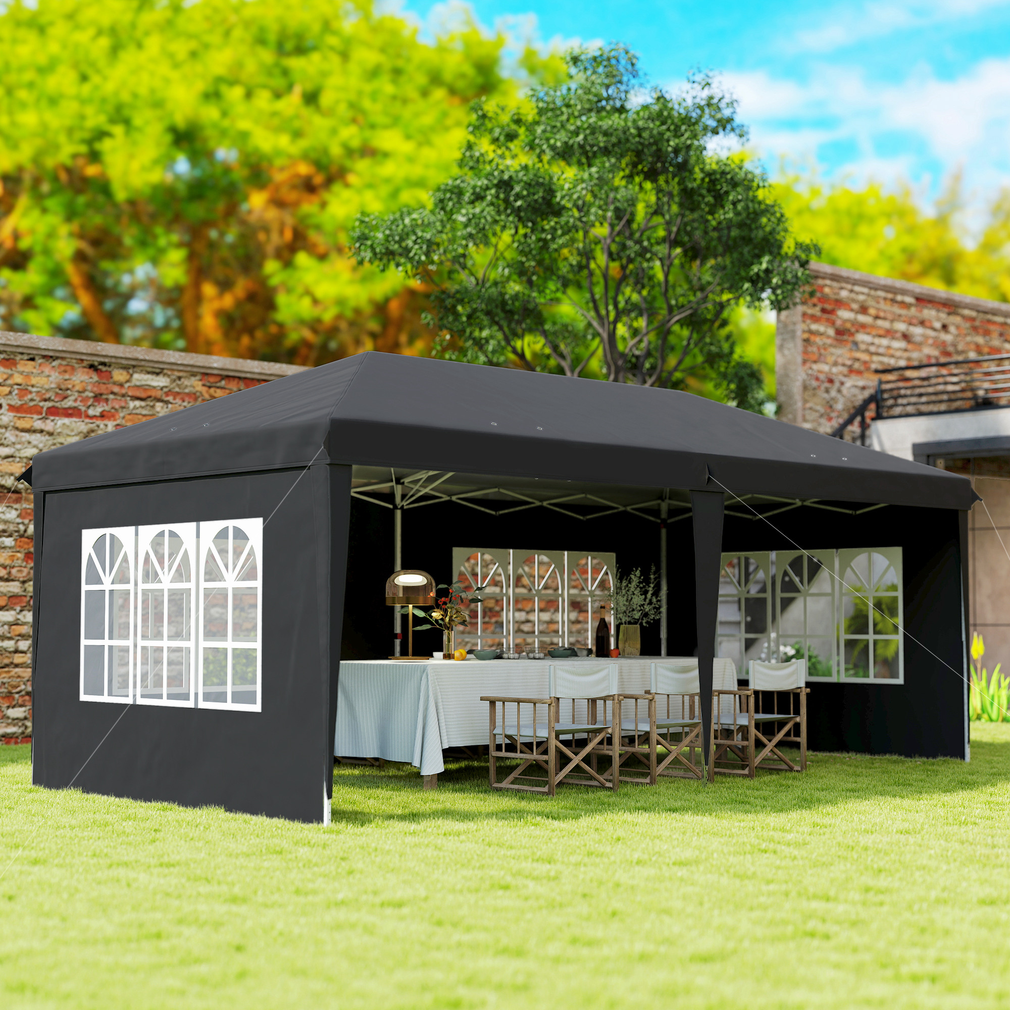 Pavillon ca. 3x6m Wasserdicht Pop-up Faltpavillon mit 4 Seitenwänden, Fenster UV-Schutz Tragetasche Schwarz