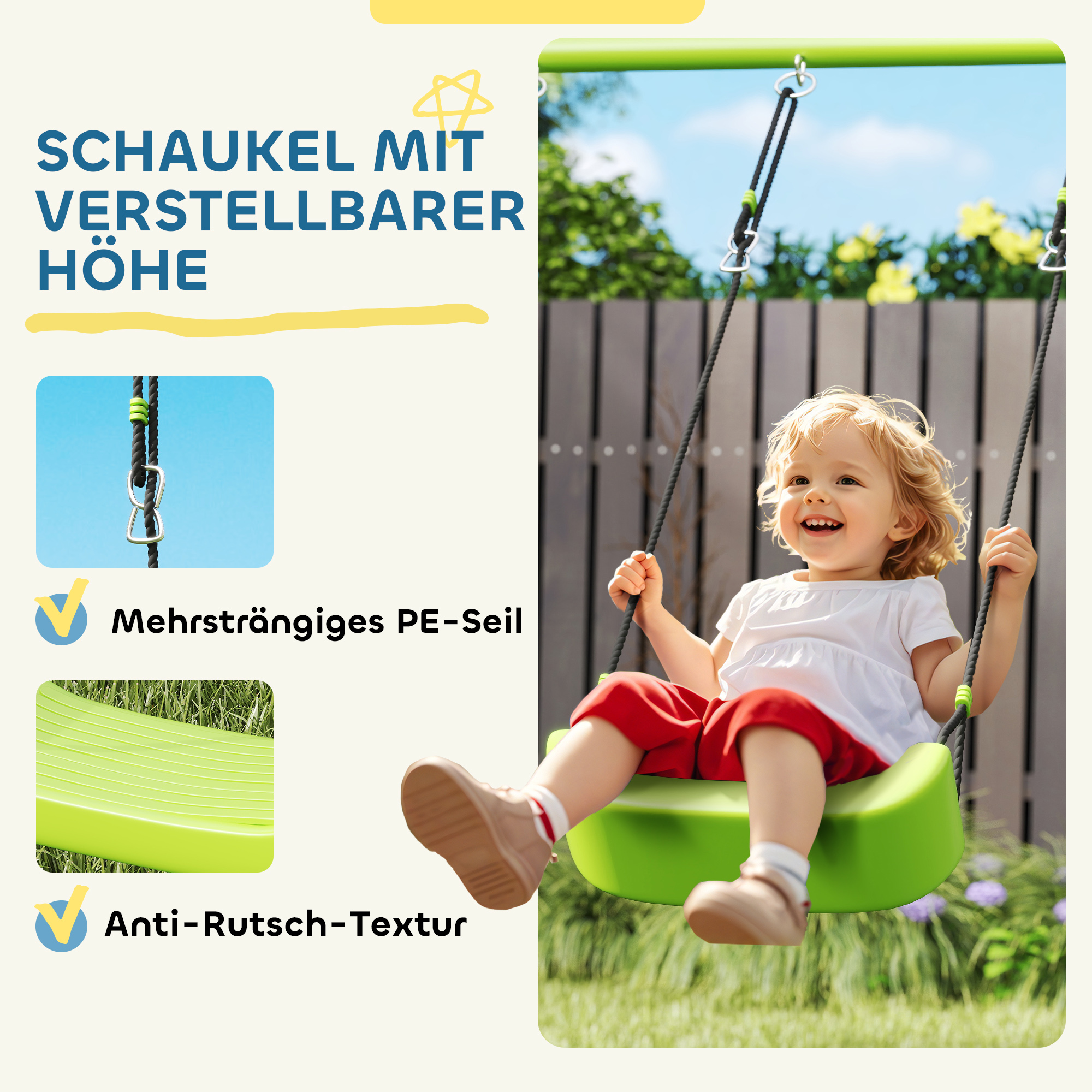 3-in-1 Schaukelset, Spielzelt, Schaukel, Turnringe, Metall, Kunststoff, Grün