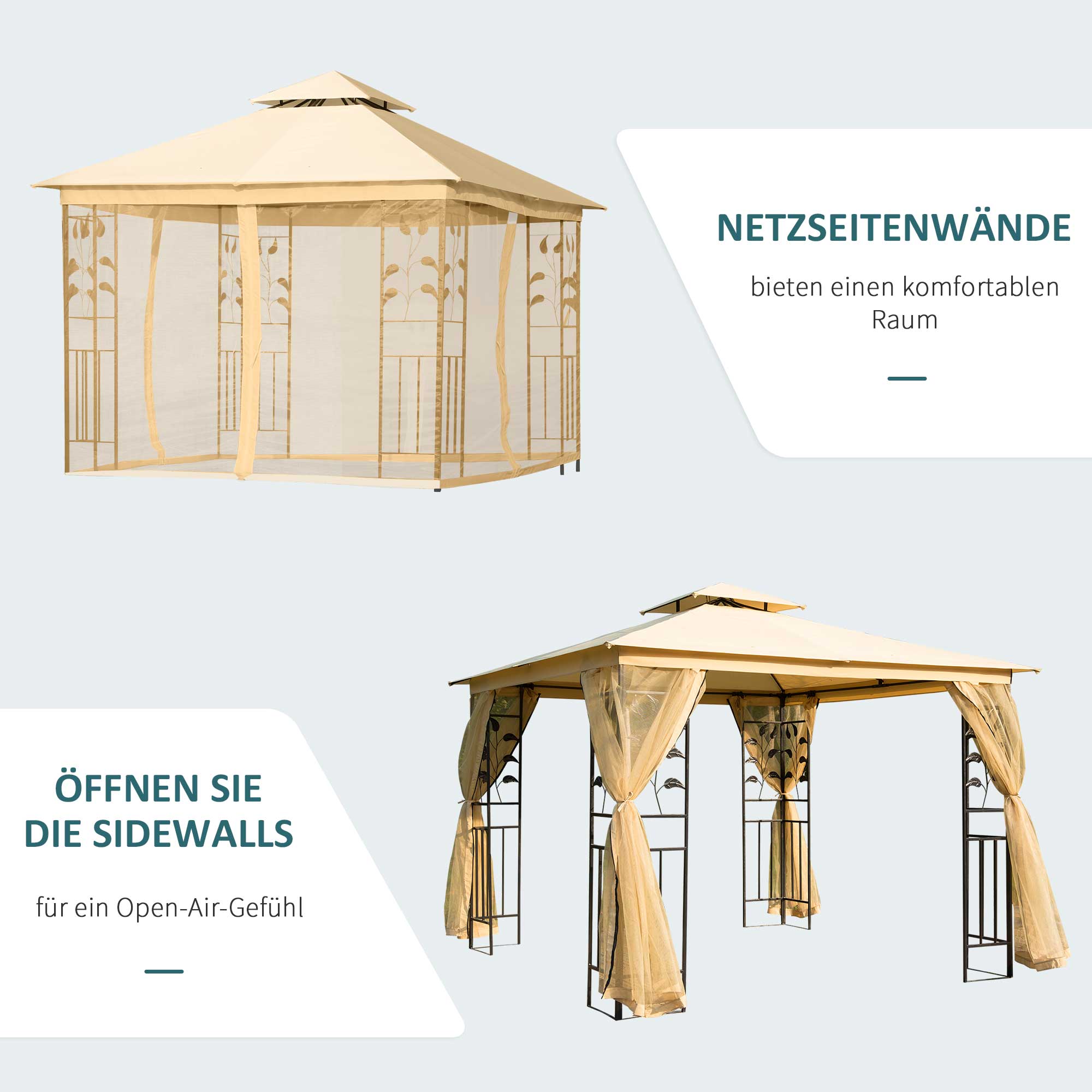Luxus Pavillon 3x3 m Gartenpavillon mit Doppeldach Partyzelt mit Seitenteilen Festzelt Gartenzelt Pagode Beige