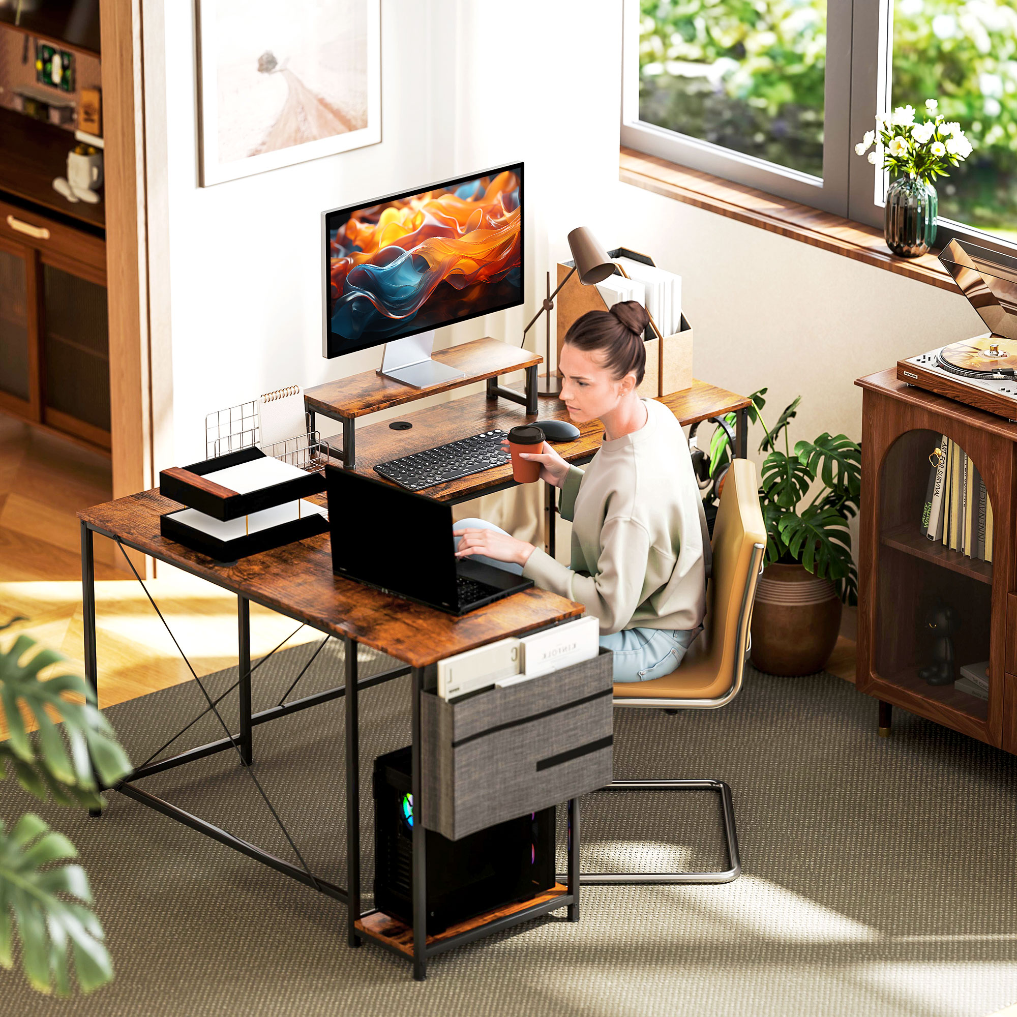L-förmiger Schreibtisch, Vielseitiger Bürotisch mit einstellbaren Regalen und Aufbewahrungstasche, Monitorständer, Braun
