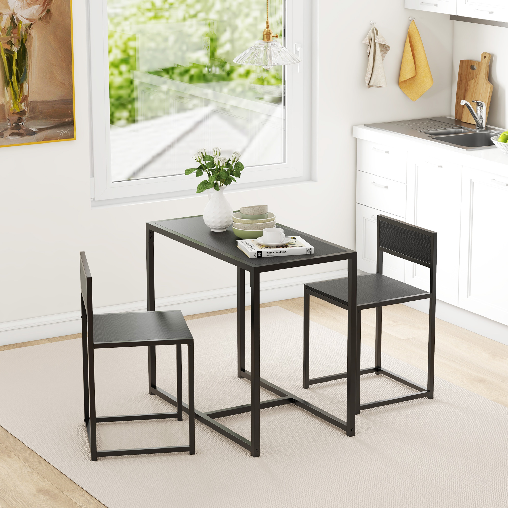 3-teiliges Bartisch-Set Hochtisch-Set 3-teilig, 2 Stühle, 1 Tisch, 90 cm x 47 cm x 76 cm, Schwarz