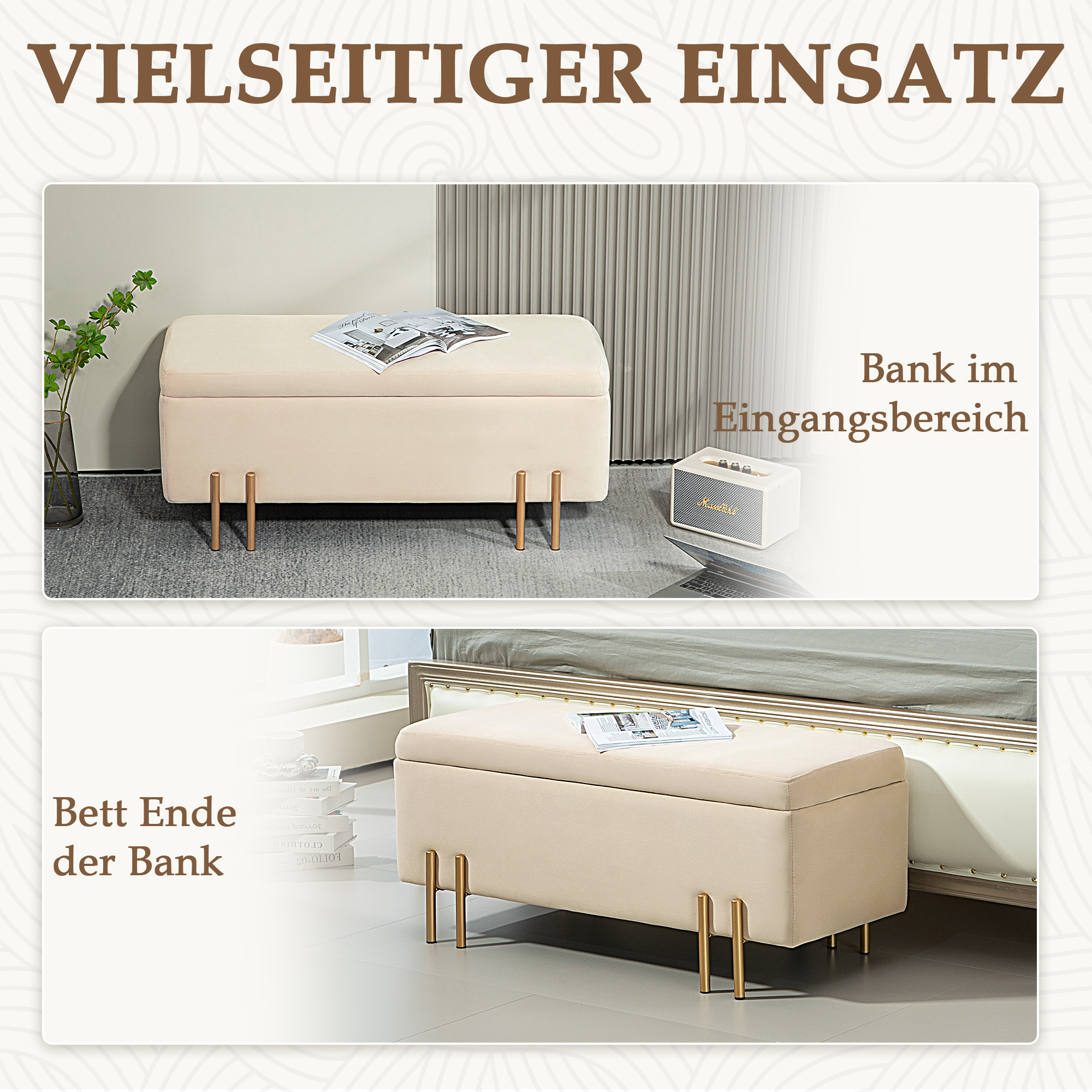 Polsterbank mit Stauraum, Truhenbank, Schaumstoff, Metall, Kautschukholz, 100 x 40 x 42 cm, Beige