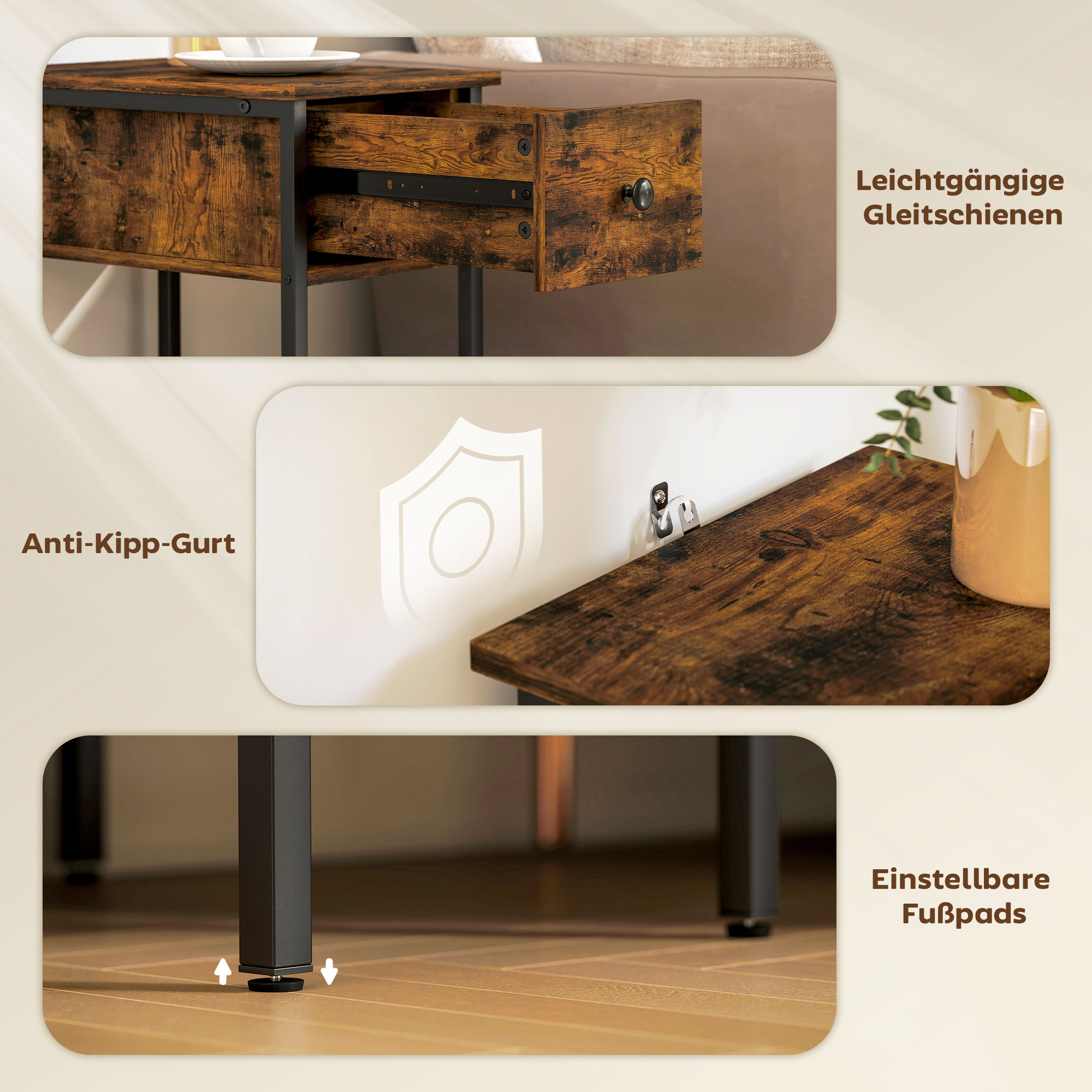 Beistelltisch mit offenem Fach und Schublade, Nachttisch, Metallbeine, Holz, Braun