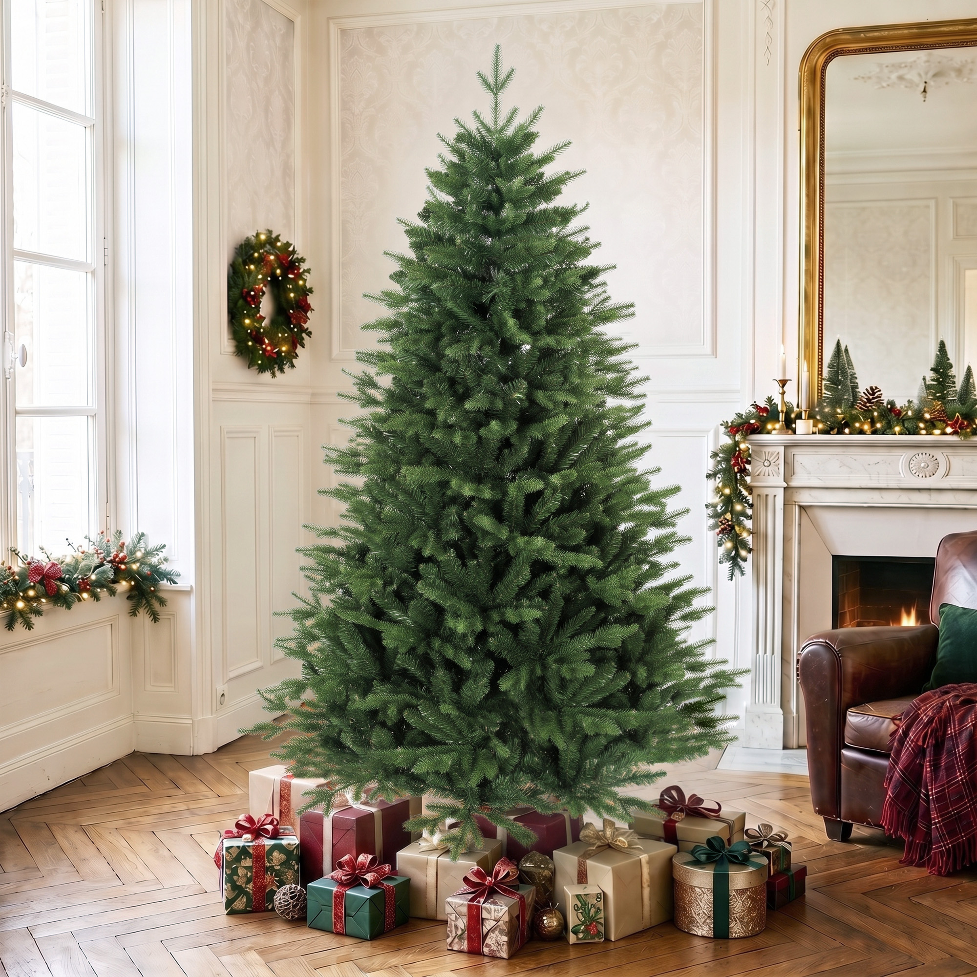 künstlicher Weihnachtsbaum 180 cm mit Kiefernholzständer, Nordic-Tanne mit Klappsystem, 889 Zweigspitzen, Grün
