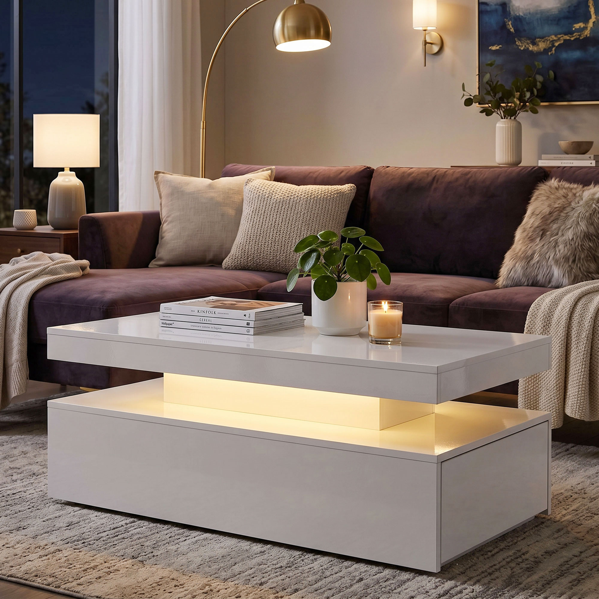 LED Couchtisch mit Stauraum, Moderner 2-Ebenen Wohnzimmertisch mit 2 Schubladen, Hochglanz Weiß