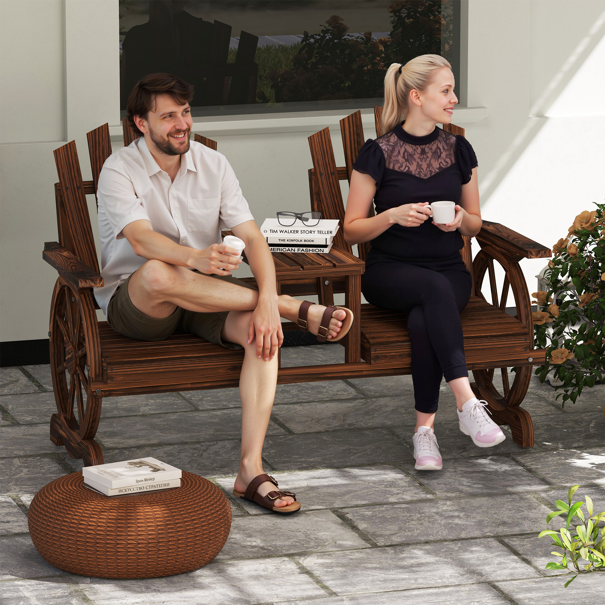 2-Sitzer Gartenbank Holz, wetterfest Sitzbank, mit Schirmloch, Beine im Wagenradform 154 x 65 x 102 cm Verkohlt