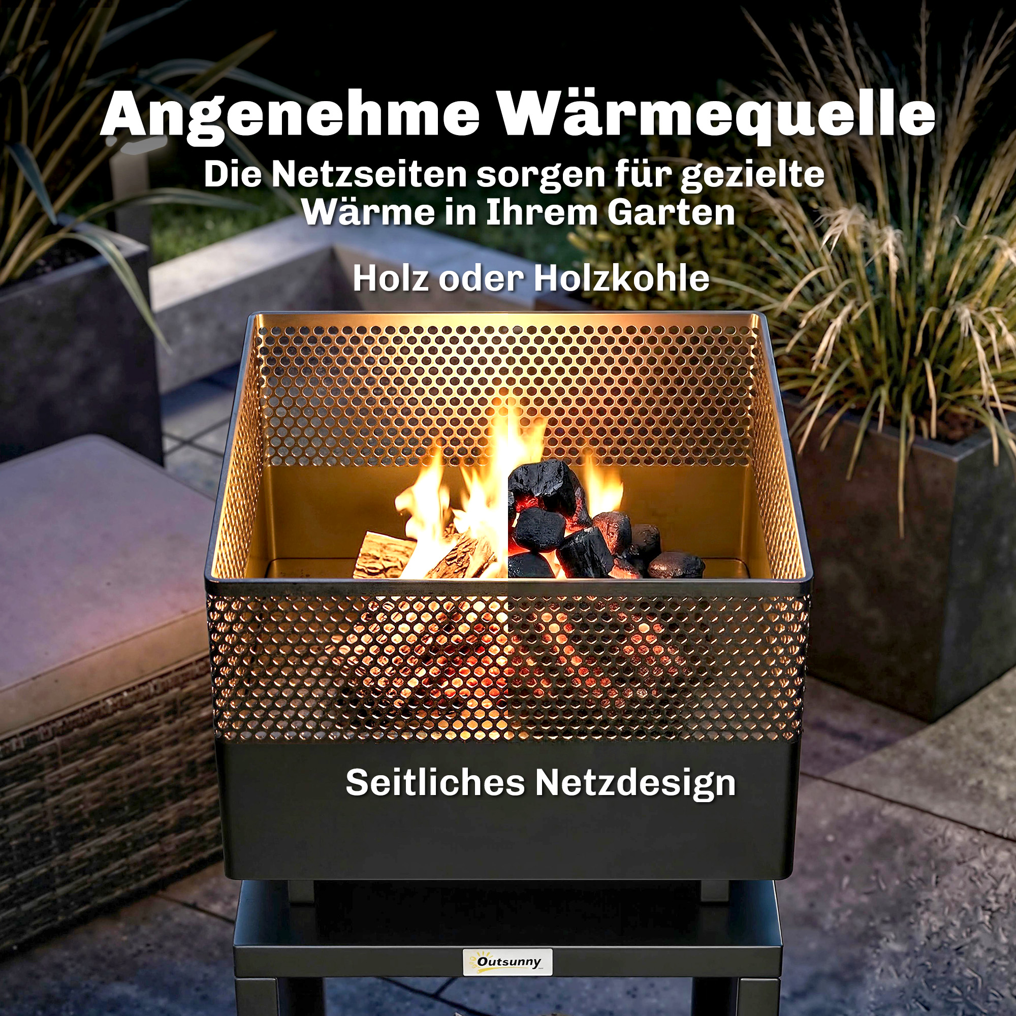 Feuerschale 39 x 39 x 87 cm Feuerstelle mit Holzlager Kohlegitter verstellbaren Füßen, Schwarz