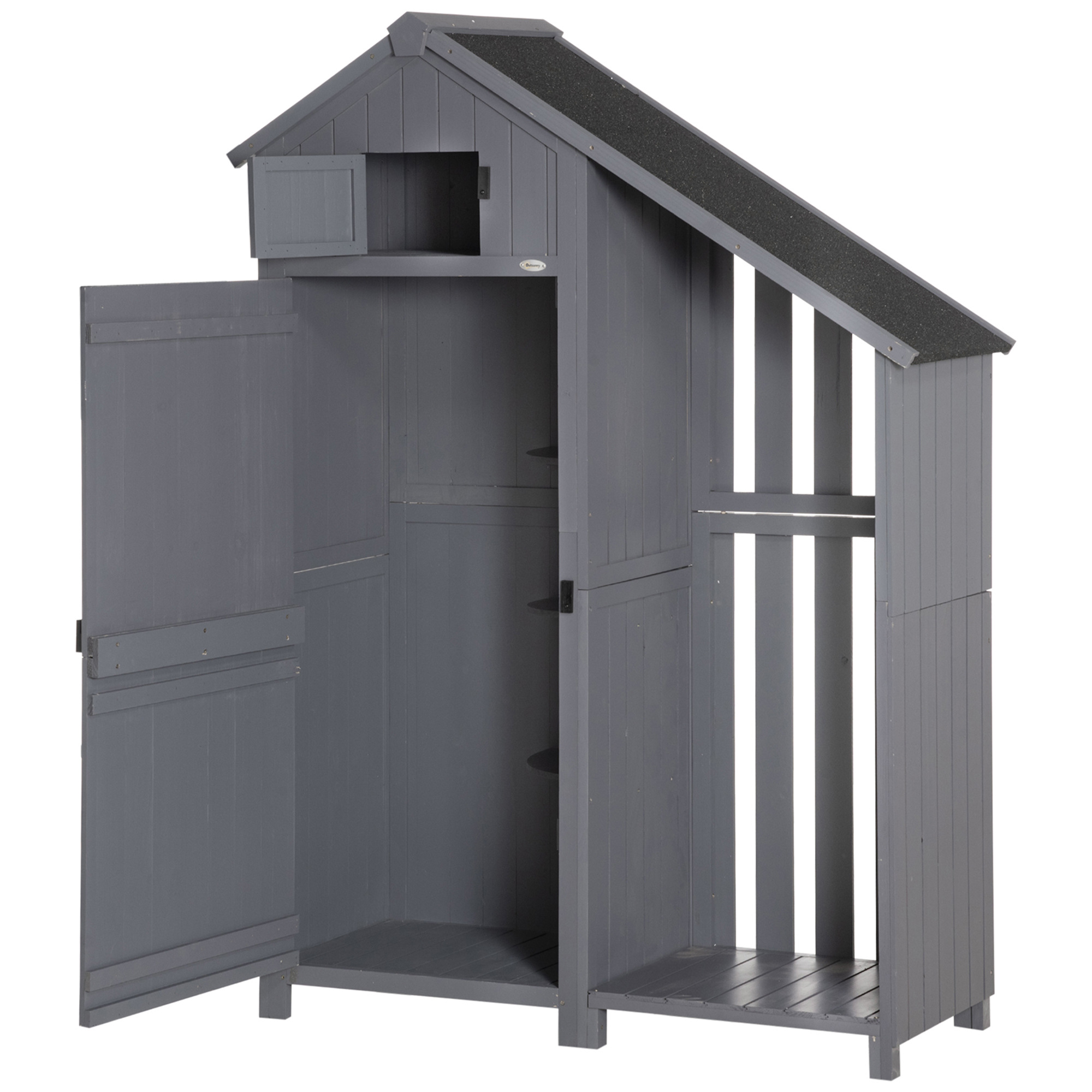 Gartenschrank, offenes Brennholzfach, verriegelbare Tür, wetterfest, Naturholz, 129 x 51,5 x 180cm, grau+schwarz Gartenschrank, offenes Brennholzfach, verriegelbare Tür, wetterfest, Naturholz, 129 x 51,5 x 180cm, grau+schwarz