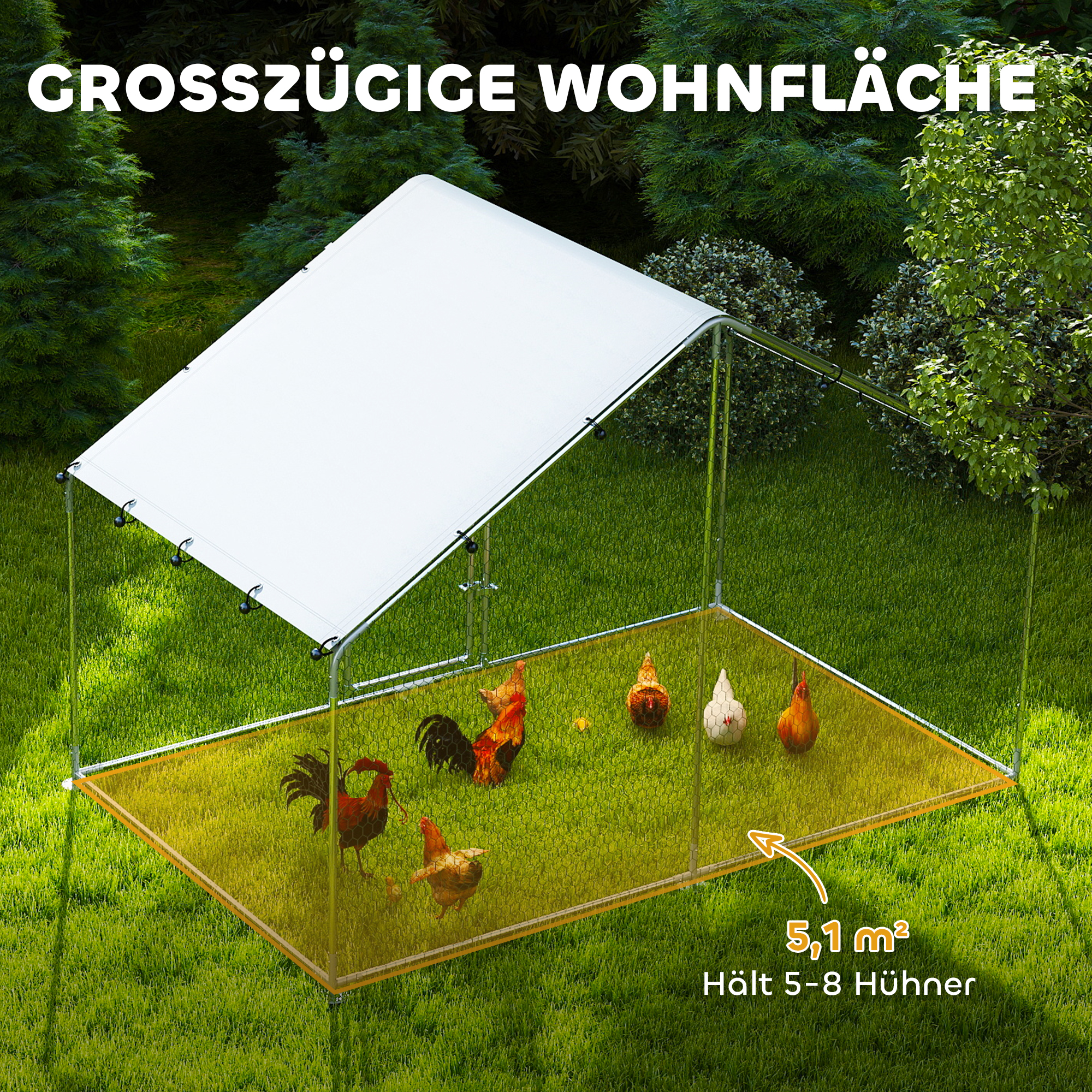 Hühnerauslauf für 5-8 Hühner, Dachplane, verriegelbare Tür, Stahlrahmen, 5,1 m², 3 x 1,7 x 1,9 m