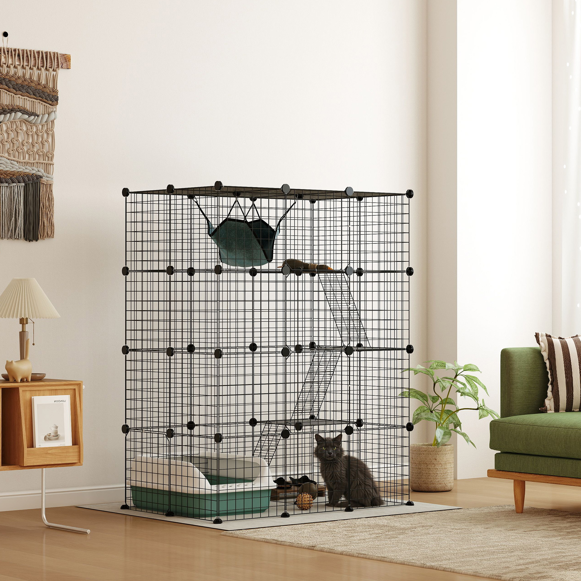Indoor Katzenkäfig 140 cm, 4-stöckige Stahl-Katzengehege mit 5 Türen, Leitern, Hängematte und Plattform, DIY Schwarz