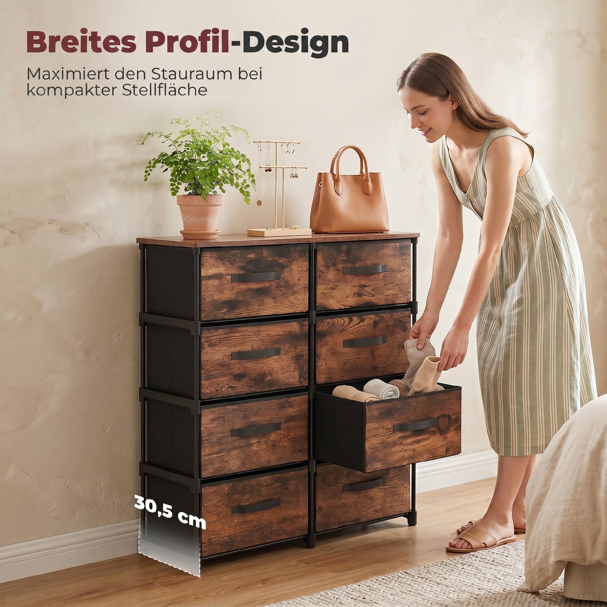 Kommode mit 8 Schubladen, Stoffkommode mit Metallgestell, für Schlafzimmer & Wohnzimmer, Vintage Braun