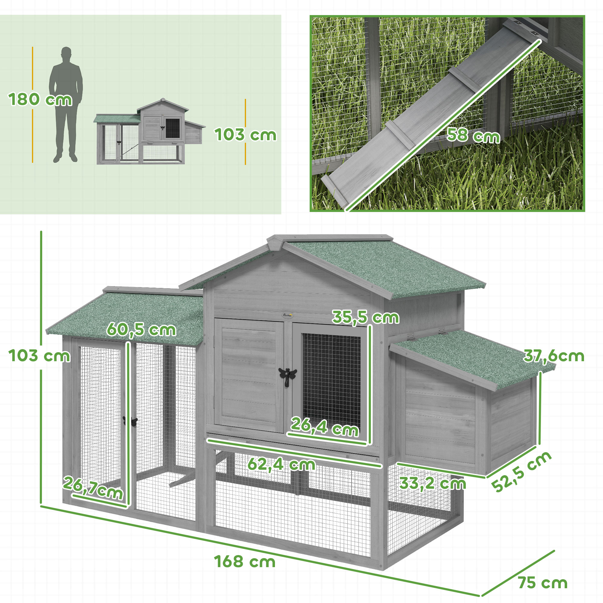 Hühnerstall Holz Hühnerhaus mit Freilaufgehege Nistkasten Rampe herausziehbarem Tablett für 2-4 Hühner 168x75x103cm Grau