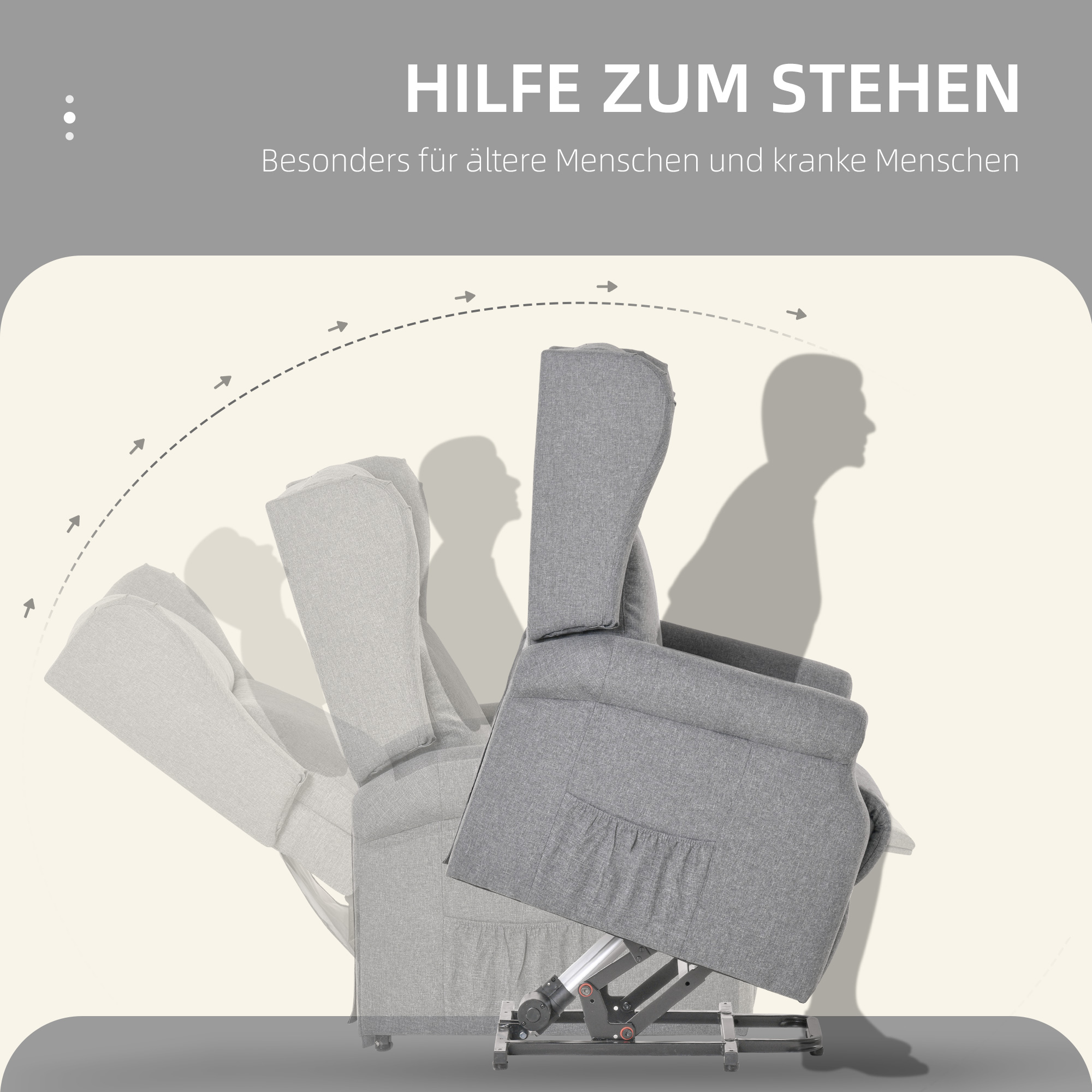 Relaxsessel, Aufstehhilfe, Liegefunktion, bis 200kg, 72,5x94x109cm, Grau
