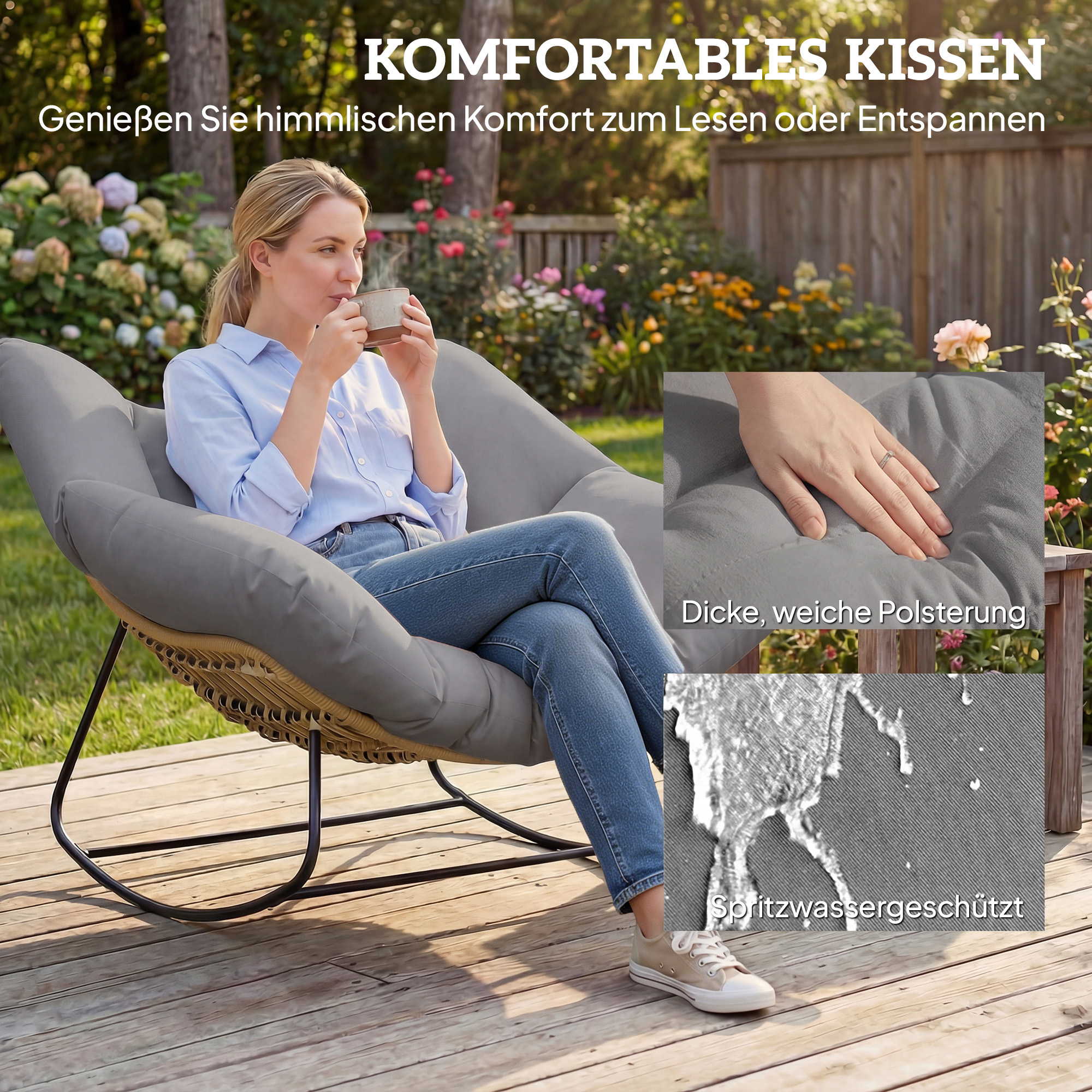 Schaukelstuhl Schaukelsessel mit Kissen wetterfest Gartenstuhl bis 120 kg belastbar für Wohnzimmer Garten, Rasen Grau