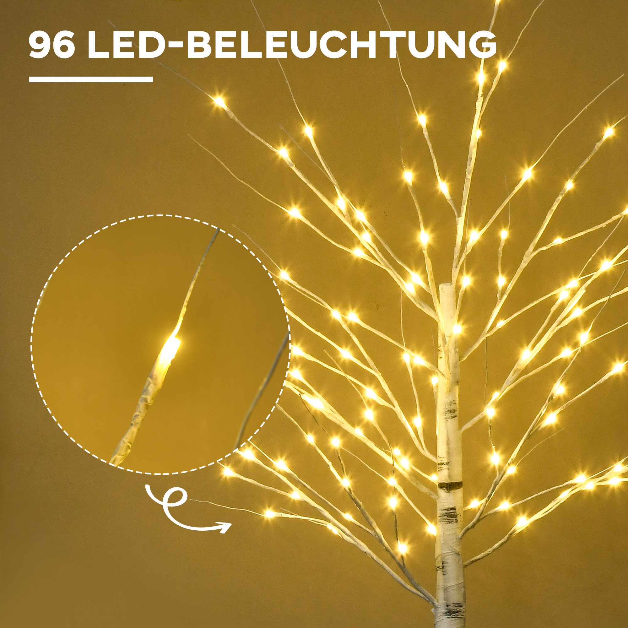 Kunstbaum, Kunstbirke, mit LED-Beleuchtung, warmweiß, realistische, weiße Rinde, 22 x 22 x 180cm