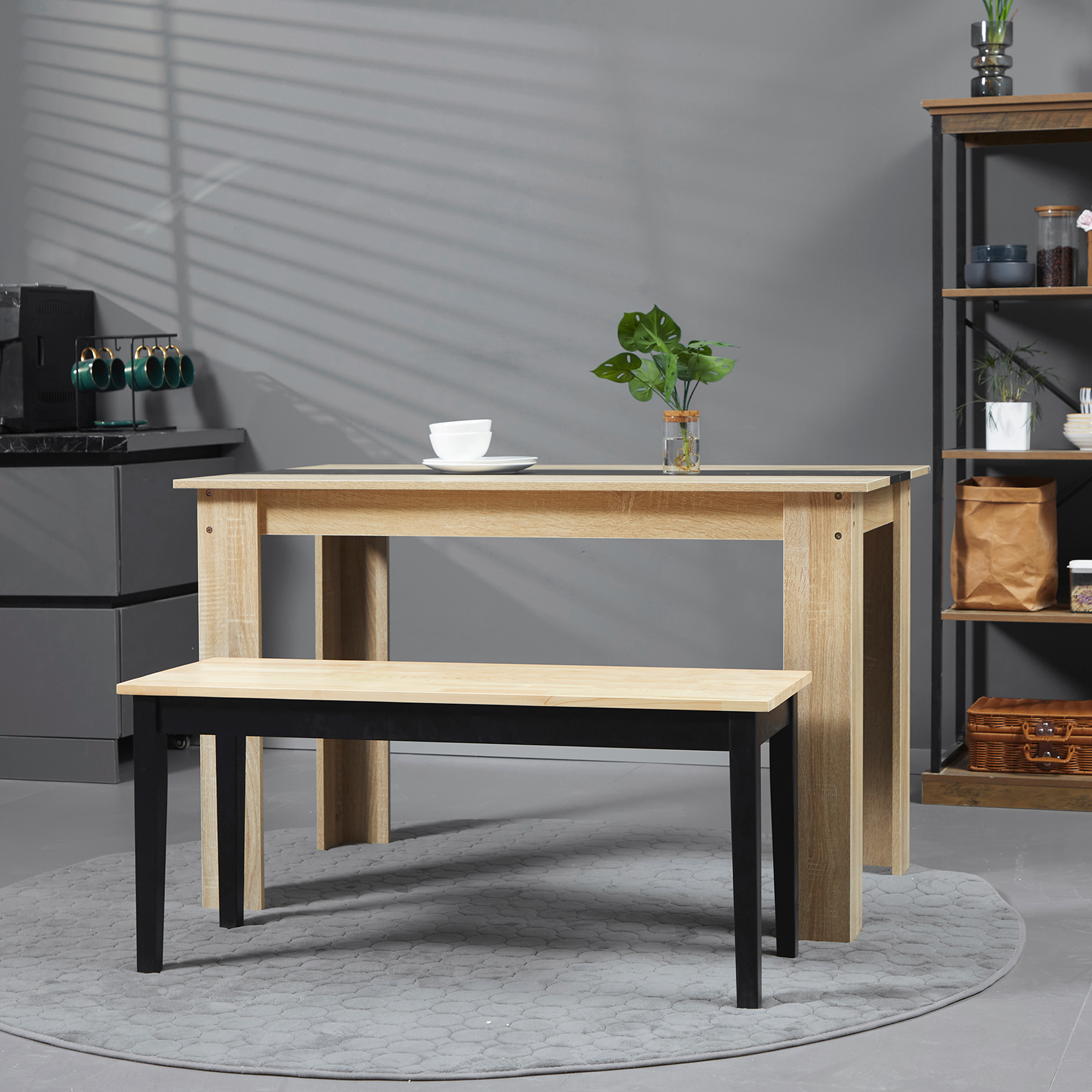 Moderne Sitzbank für 2 Personen, Holzbank, Massivholz, lackiert, Natur+ Schwarz