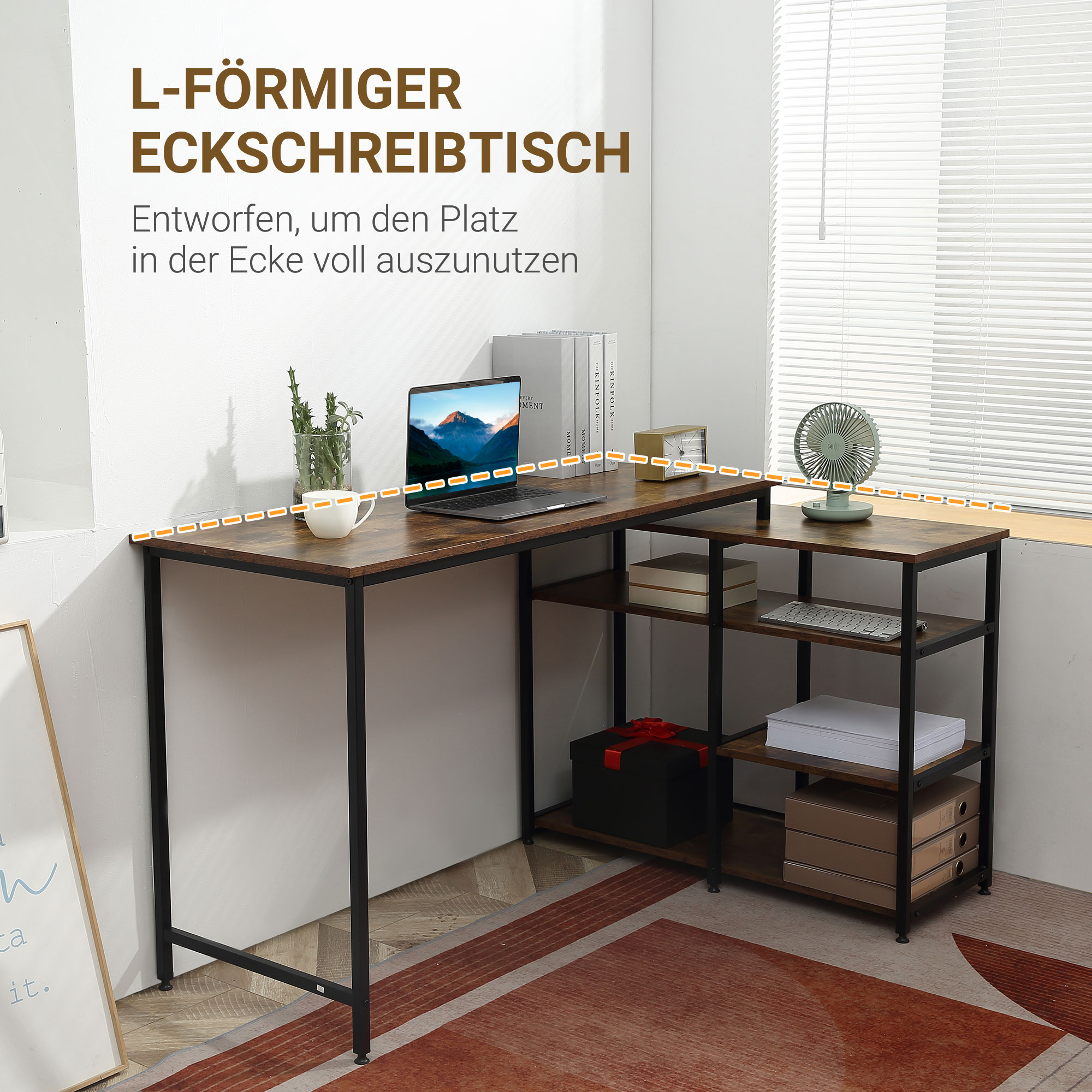 Eckschreibtisch Winkelschreibtisch PC-Tisch Computertisch Bürotisch Regal Schublade L-Form Spanplatte Metall Rustikales Braun 135 x 90 x 79 cm