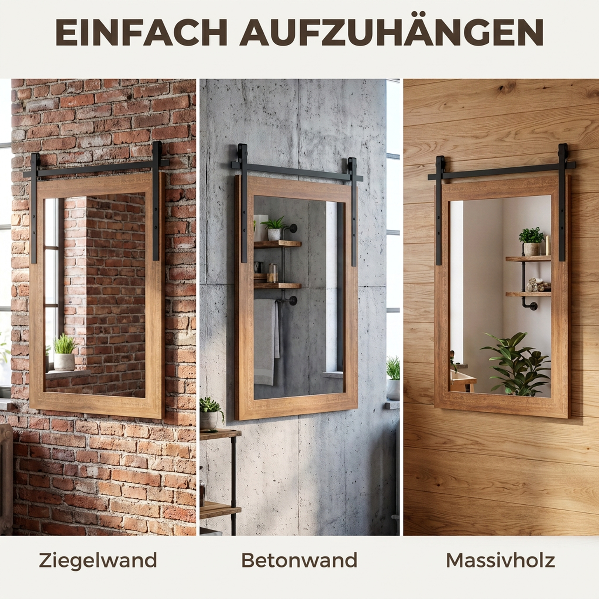 rechteckiger Wandspiegel dekorativ für Wohnzimmer Hängespiegel 86,5 x 61 cm Hellbraun