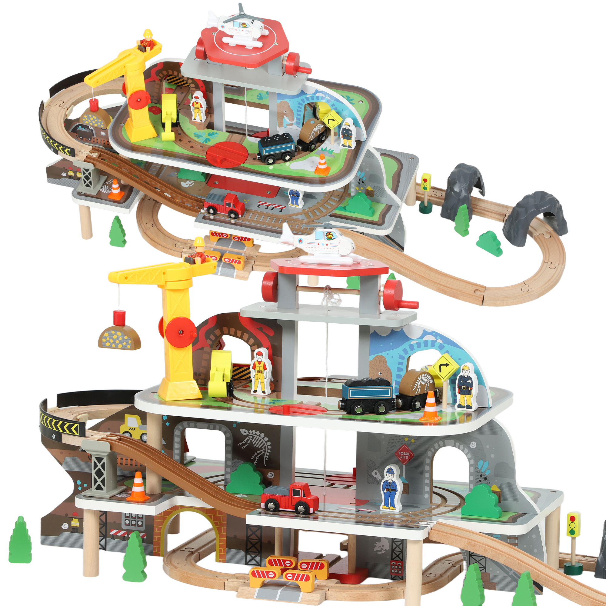 Eisenbahnset aus Holz, 79 Teile, 4 Ebenen, Aufzug, Kran, erweiterbar, Bunt