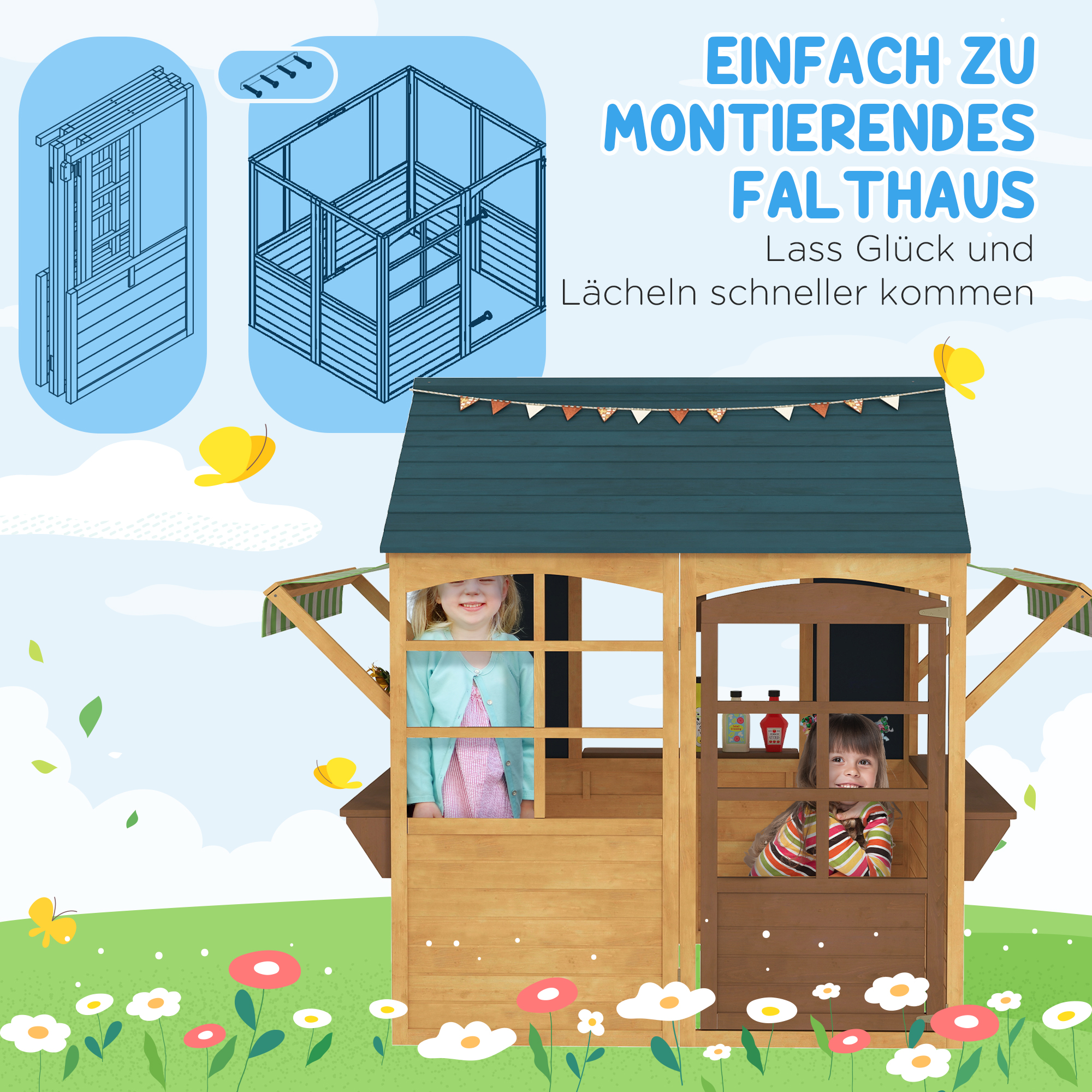 Kinderspielhaus aus Tannenholz, Faltbares Häuschen mit Fenstern, Tür, für Kinder im Alter von 3-8 Jahren, Braun+Blau