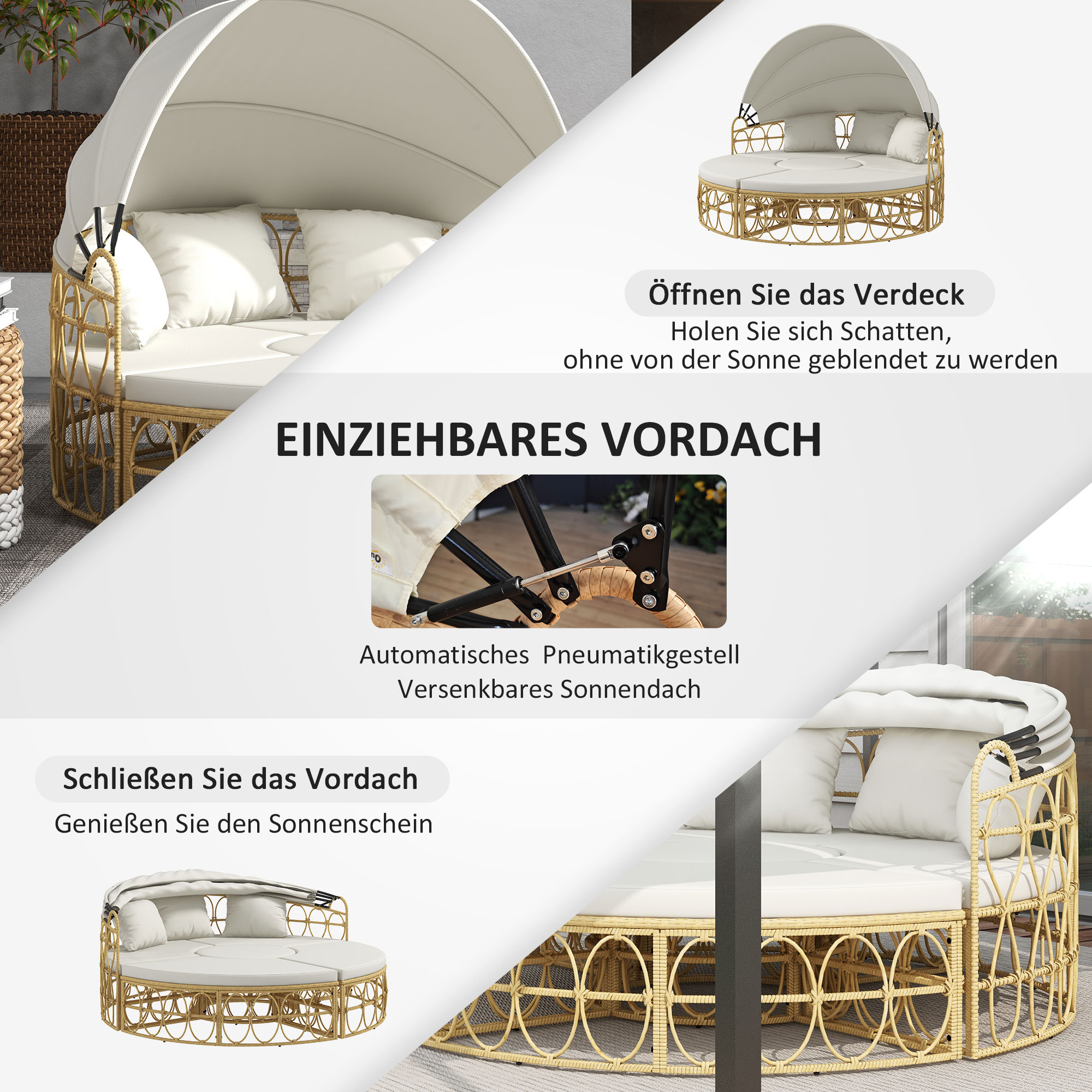 Sonneninsel, 4-teilig, ausziehbares Dach, 5 Kissen, Rattanoptik, 178B x 85T x 66,5H cm, Beige