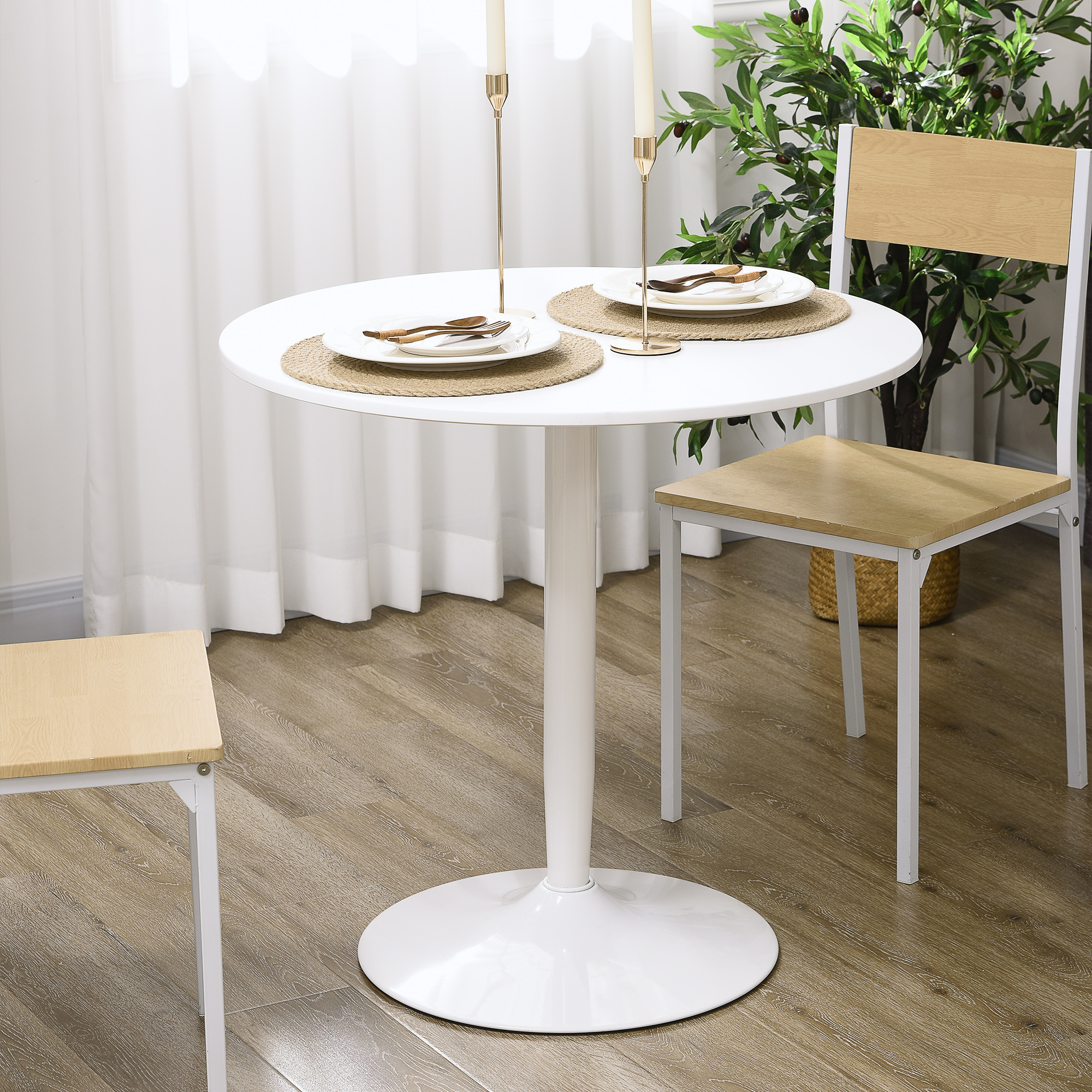 Esstisch für 2 Personen, runde Tischplatte Ø80 cm, MDF und Stahl, rutschfest, Weiß, 75H cm