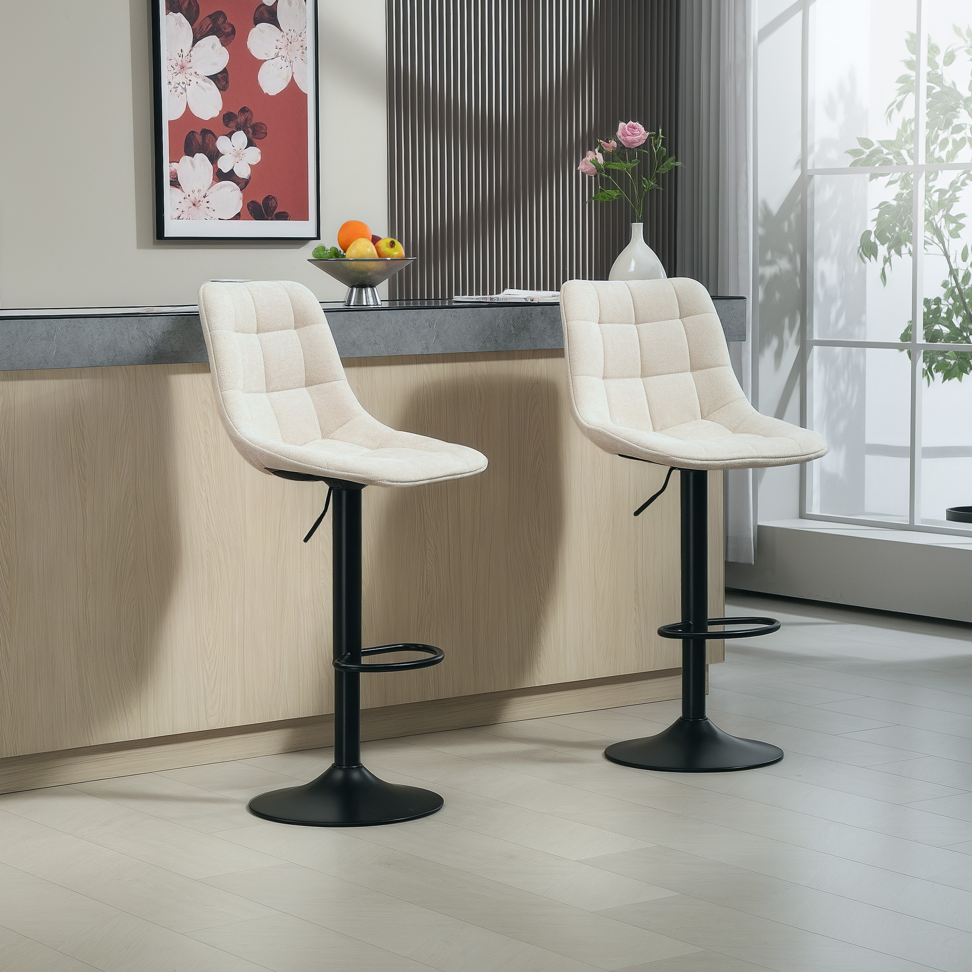 Moderner Barhocker, 2er-Set drehbare Barstühle mit Rückenlehne, höhenverstellbar, mit Fußstütze, gepolstert, Beige