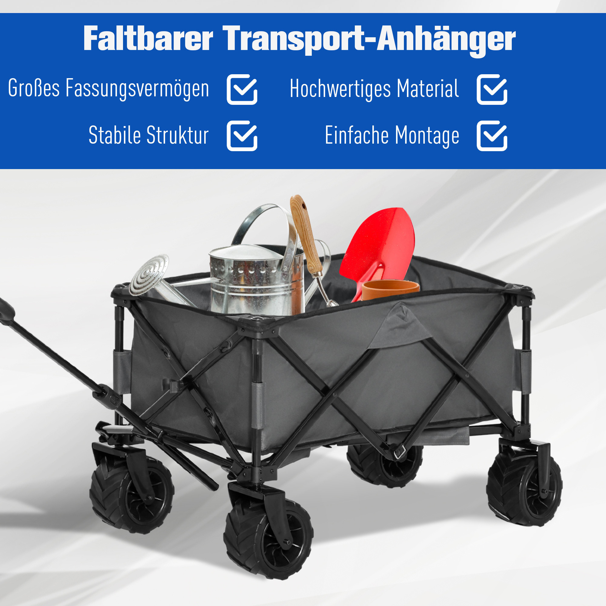 Bollerwagen Faltbarer Handwagen 360° Gartenwagen Transportwagen mit  Teleskop Griff Verstellbarer Griffhöhe Strandwagen bis 70 kg Tragkraft Metall Oxford Dunkelgrau 108 x 55 x 59-89 cm