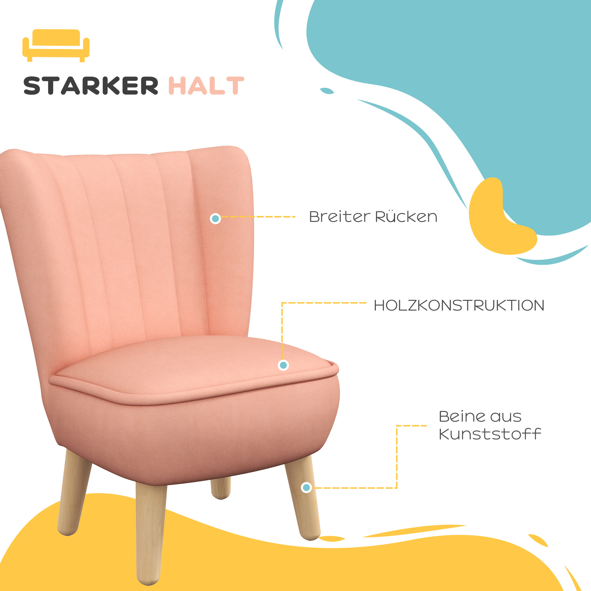 Kindersessel, Samtoptik, für 3-7 Jahre, bis 45 kg, Holzgestell, 44x45x56,5cm, Pink